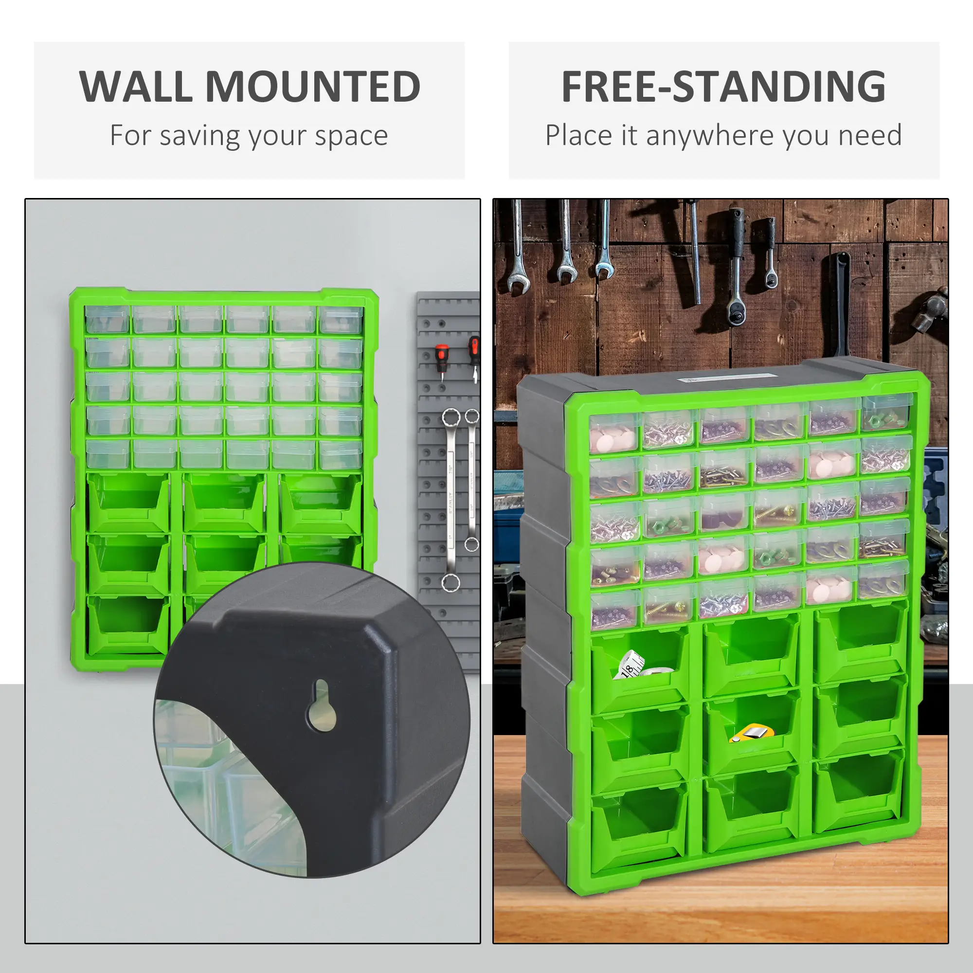 Plastic 39 Drawer Parts Organizer, Wall Mount Storage Cabinet, Green - Image 5
