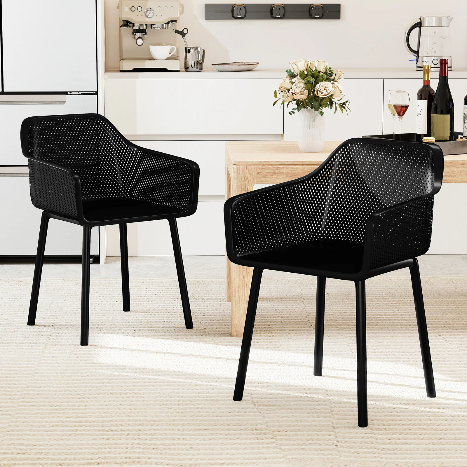 Plastic Dining Chairs Set Of 2, Kitchen Armchairs, Breathable Mesh Back, Black - Image 2