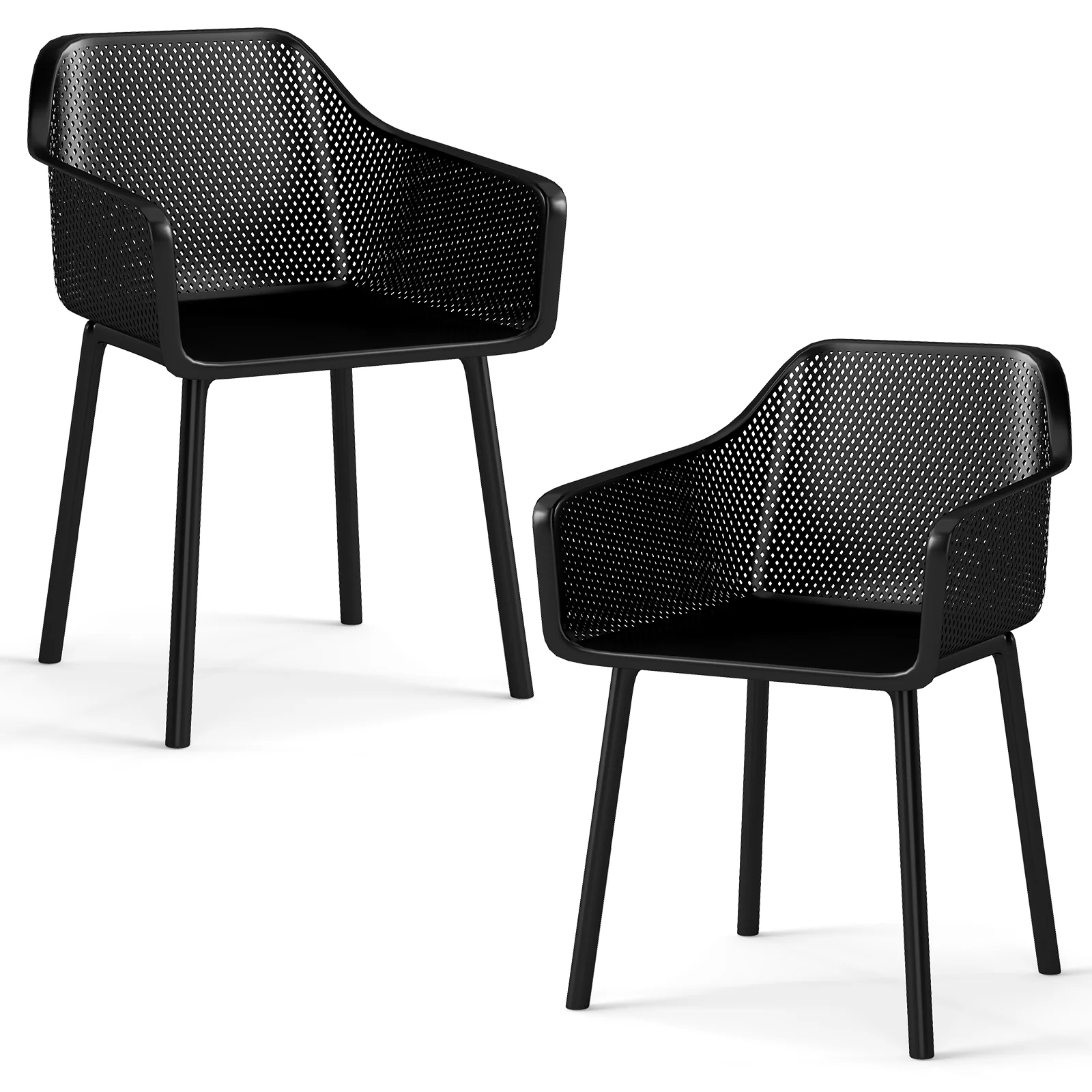 Plastic Dining Chairs Set Of 2, Kitchen Armchairs, Breathable Mesh Back, Black - Image 4