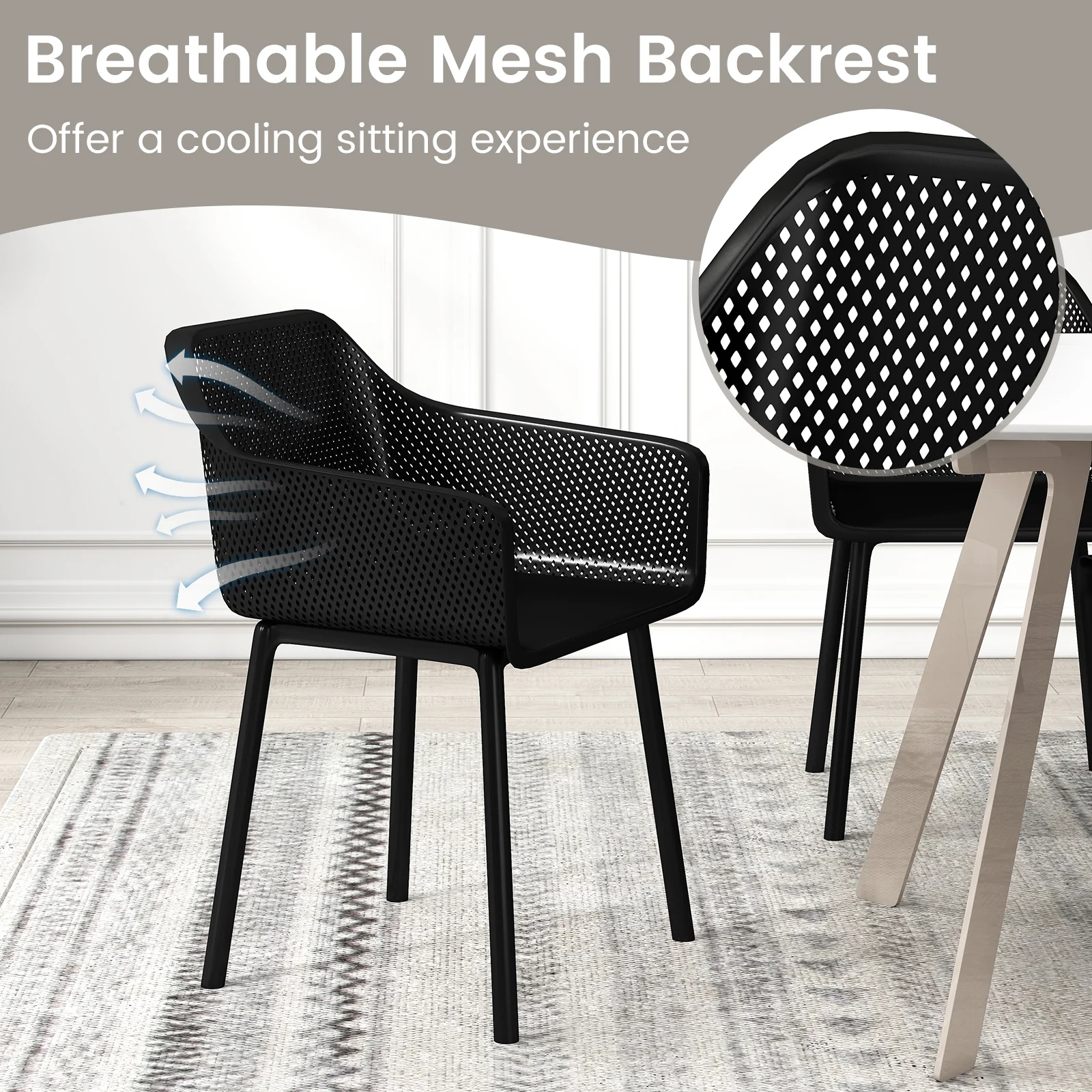 Plastic Dining Chairs Set Of 2, Kitchen Armchairs, Breathable Mesh Back, Black - Image 6