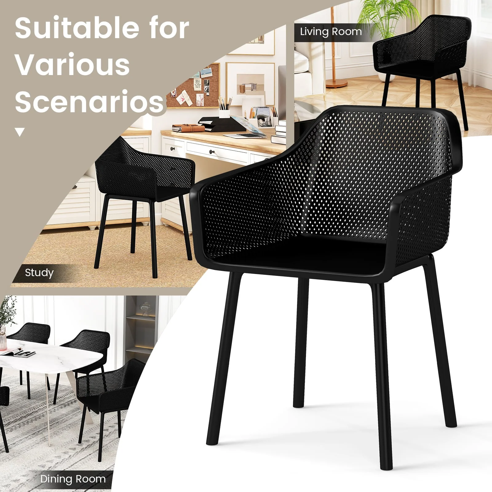 Plastic Dining Chairs Set Of 2, Kitchen Armchairs, Breathable Mesh Back, Black - Image 7