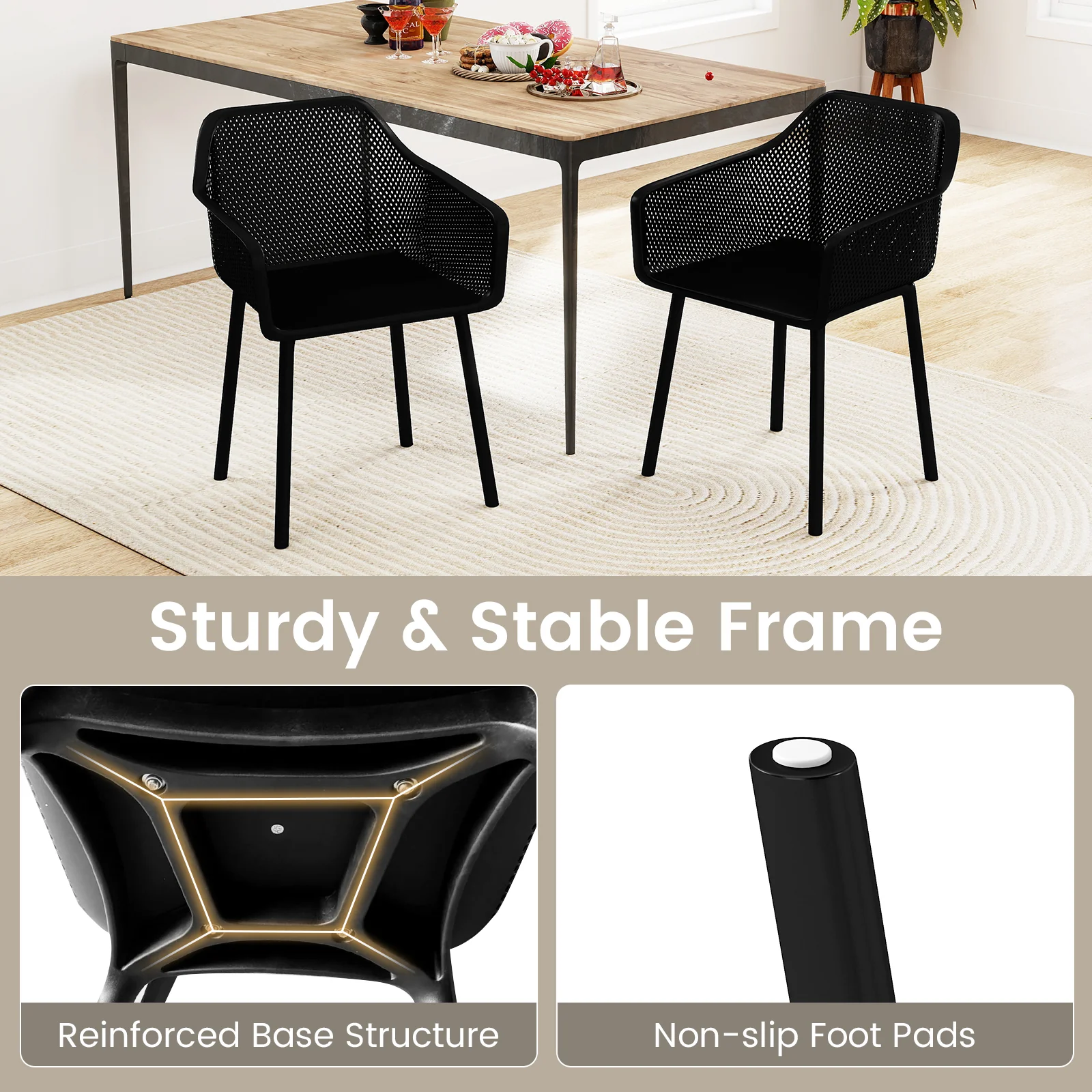 Plastic Dining Chairs Set Of 2, Kitchen Armchairs, Breathable Mesh Back, Black - Image 8