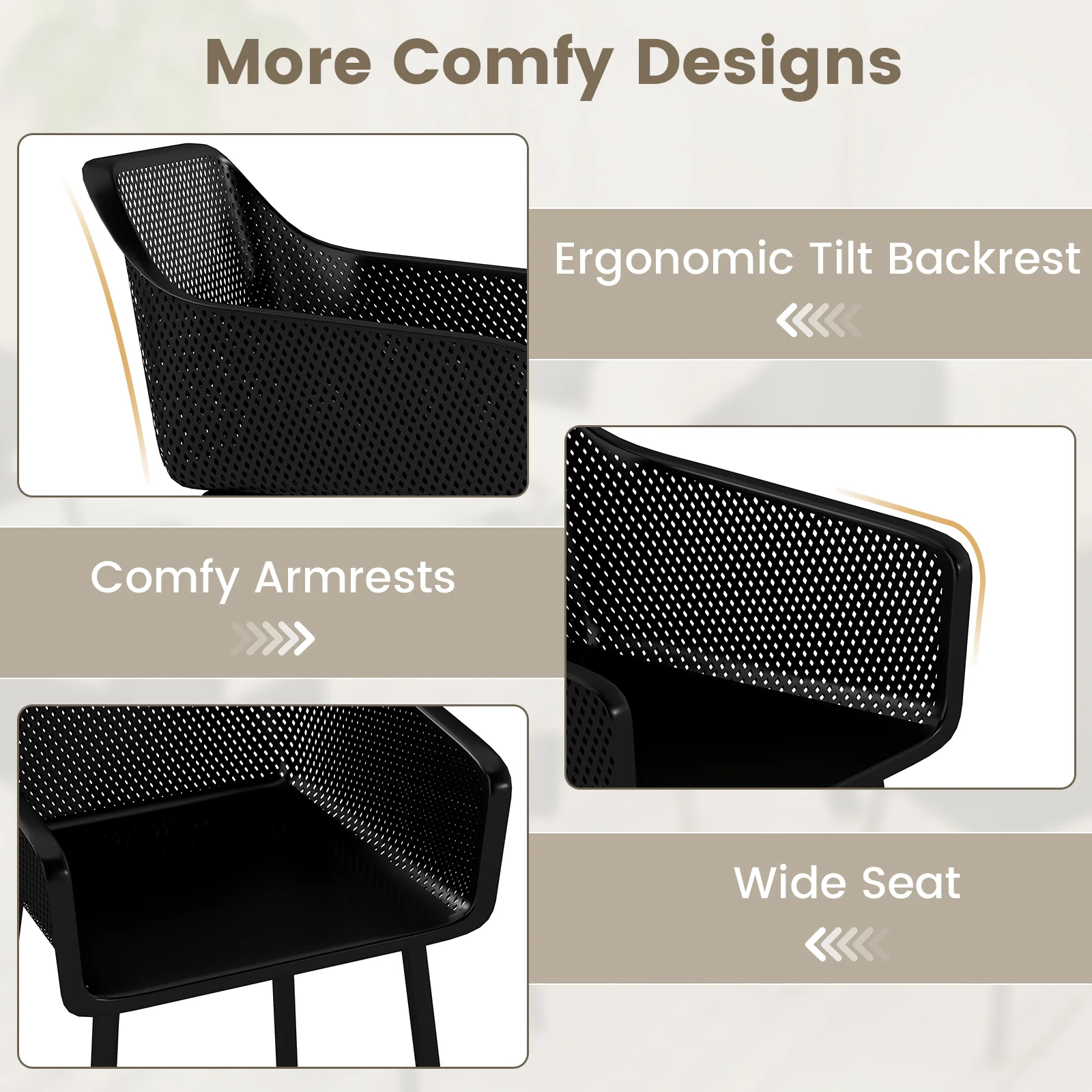 Plastic Dining Chairs, Set of 4, Kitchen Armchairs, Mesh Backrest, Black - Image 10