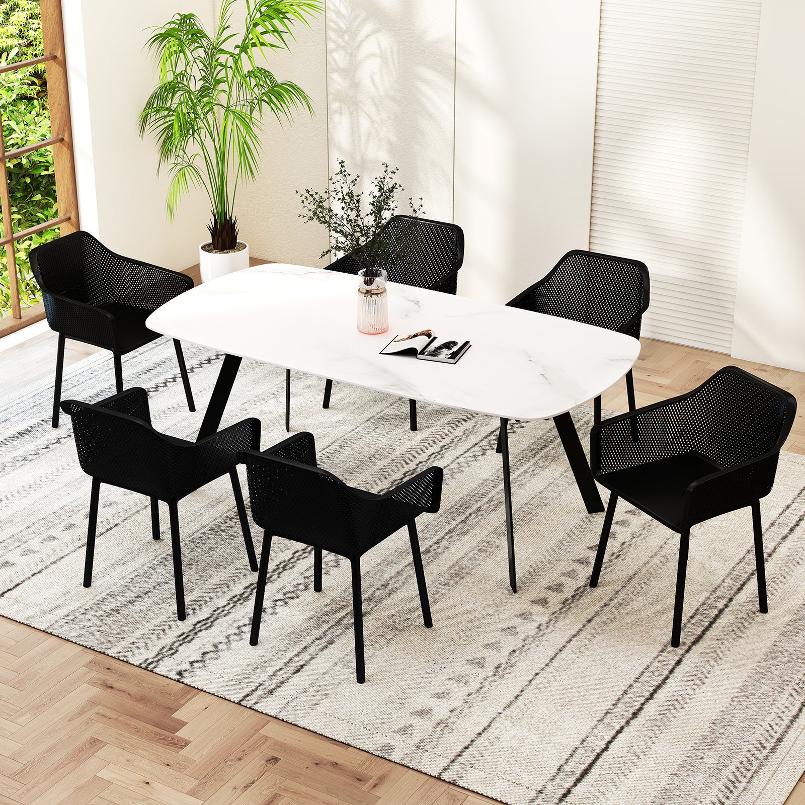 Plastic Dining Chairs, Set of 4, Kitchen Armchairs, Mesh Backrest, Black - Image 3