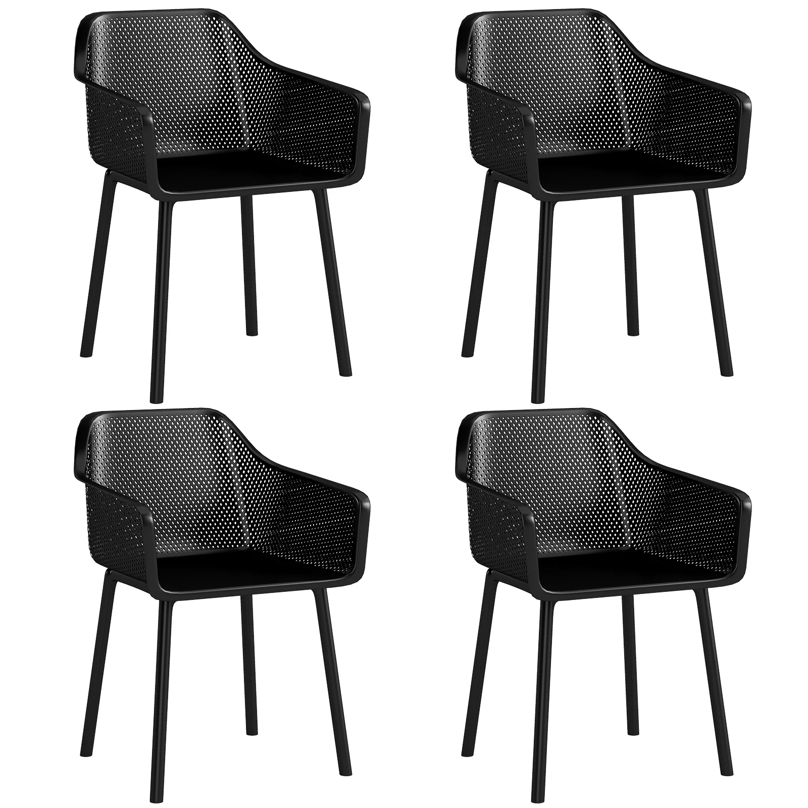 Plastic Dining Chairs, Set of 4, Kitchen Armchairs, Mesh Backrest, Black - Image 4