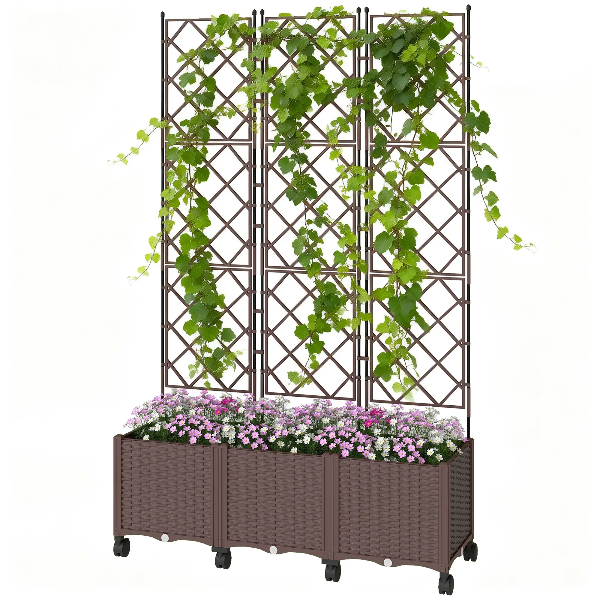 Plastic Raised Garden Bed With Trellis, Self Watering Planter Box With Wheels