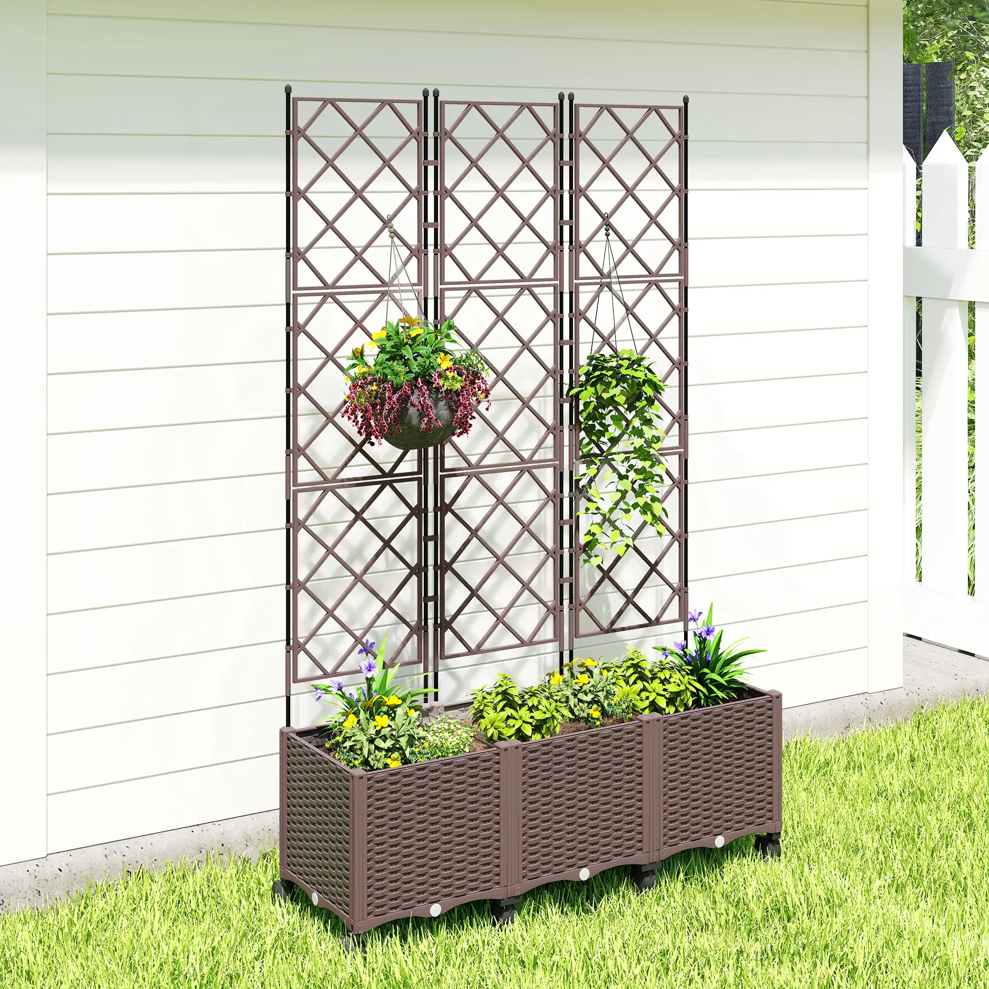 Plastic Raised Garden Bed With Trellis, Self Watering Planter Box With Wheels - Image 10