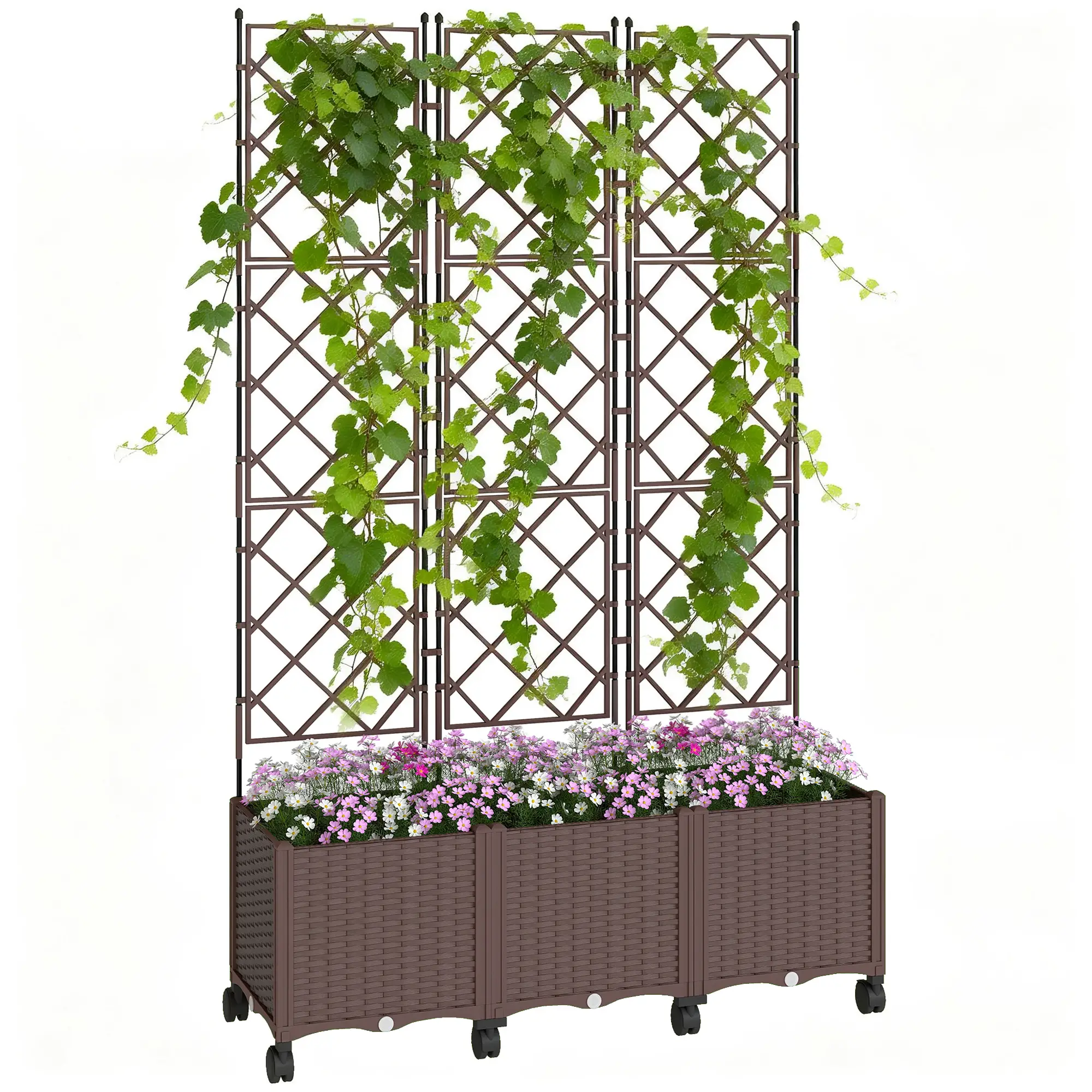 Plastic Raised Garden Bed With Trellis, Self Watering Planter Box With Wheels - Image 11