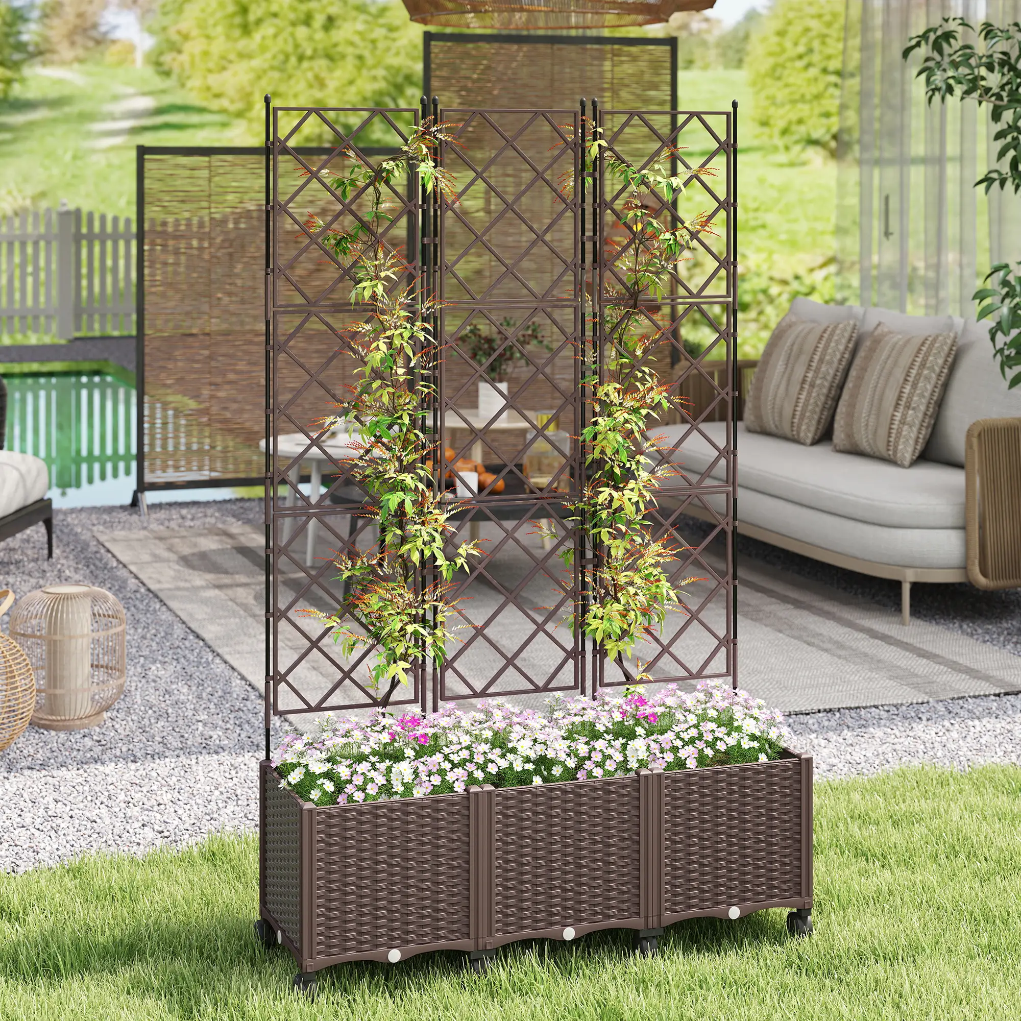 Plastic Raised Garden Bed With Trellis, Self Watering Planter Box With Wheels - Image 2