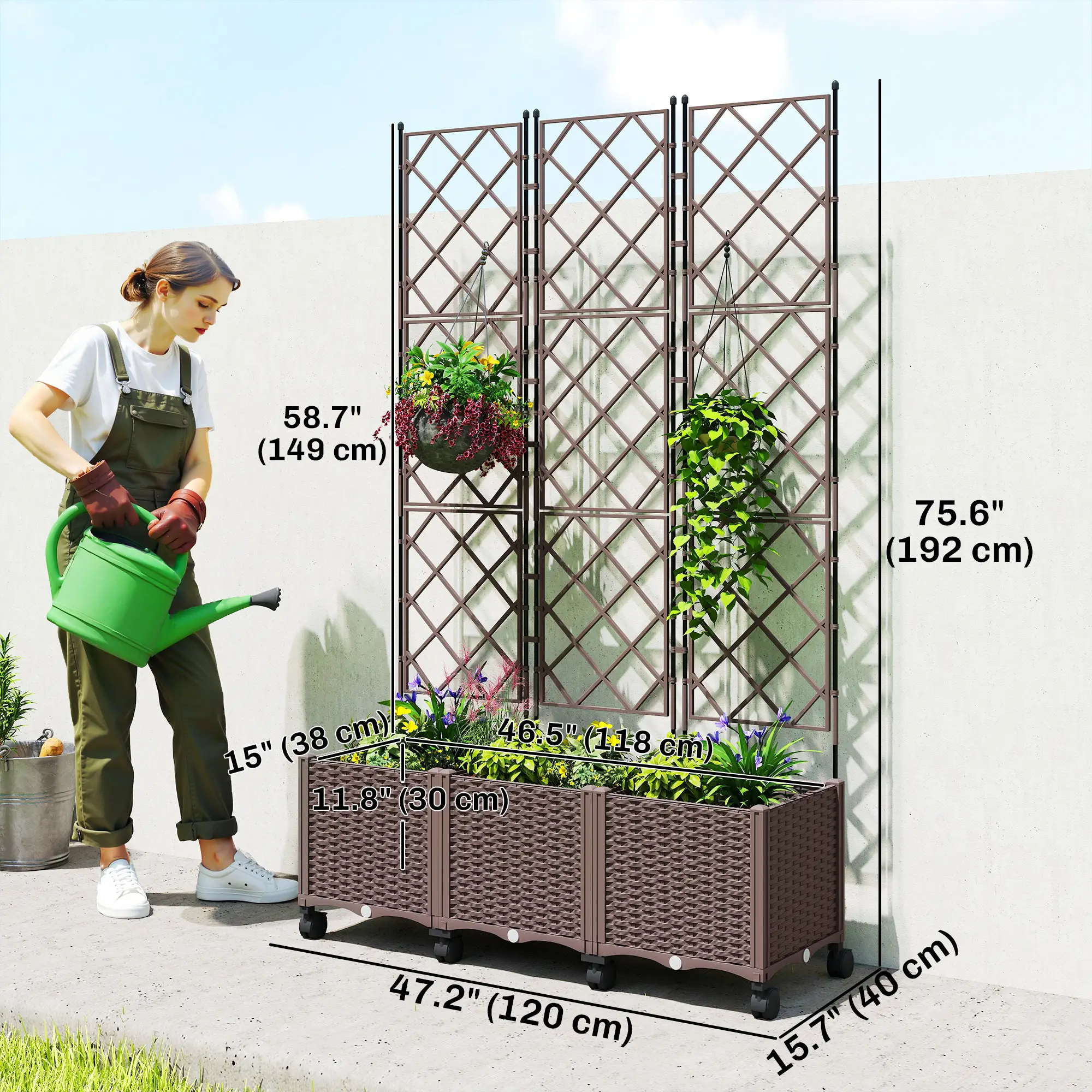 Plastic Raised Garden Bed With Trellis, Self Watering Planter Box With Wheels - Image 3