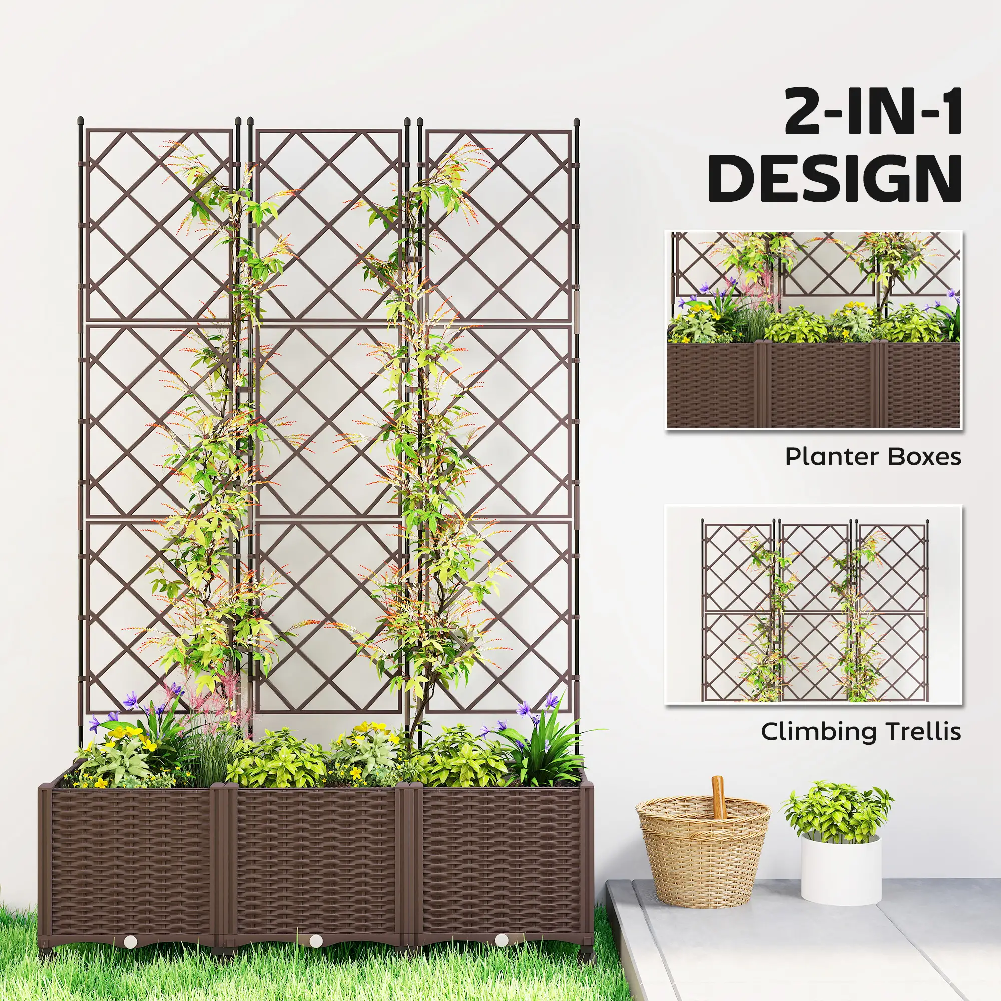 Plastic Raised Garden Bed With Trellis, Self Watering Planter Box With Wheels - Image 4