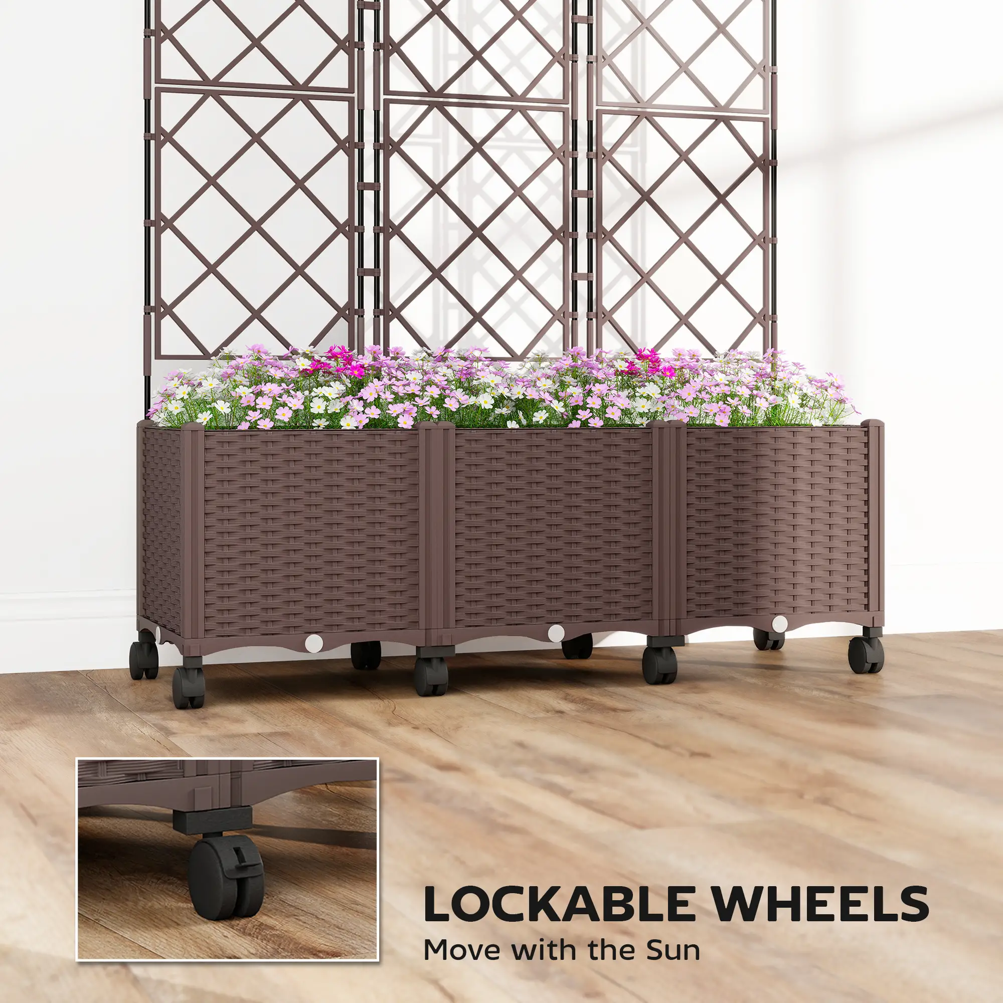 Plastic Raised Garden Bed With Trellis, Self Watering Planter Box With Wheels - Image 6