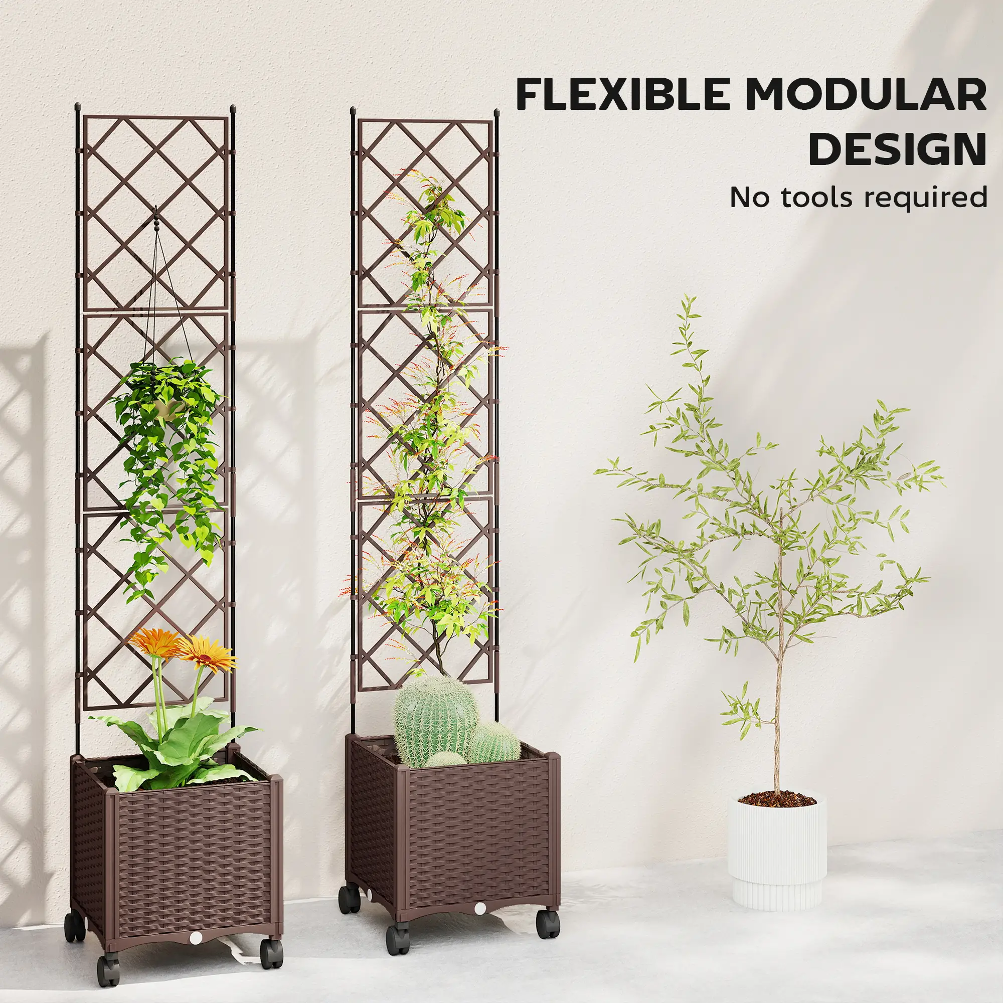 Plastic Raised Garden Bed With Trellis, Self Watering Planter Box With Wheels - Image 7