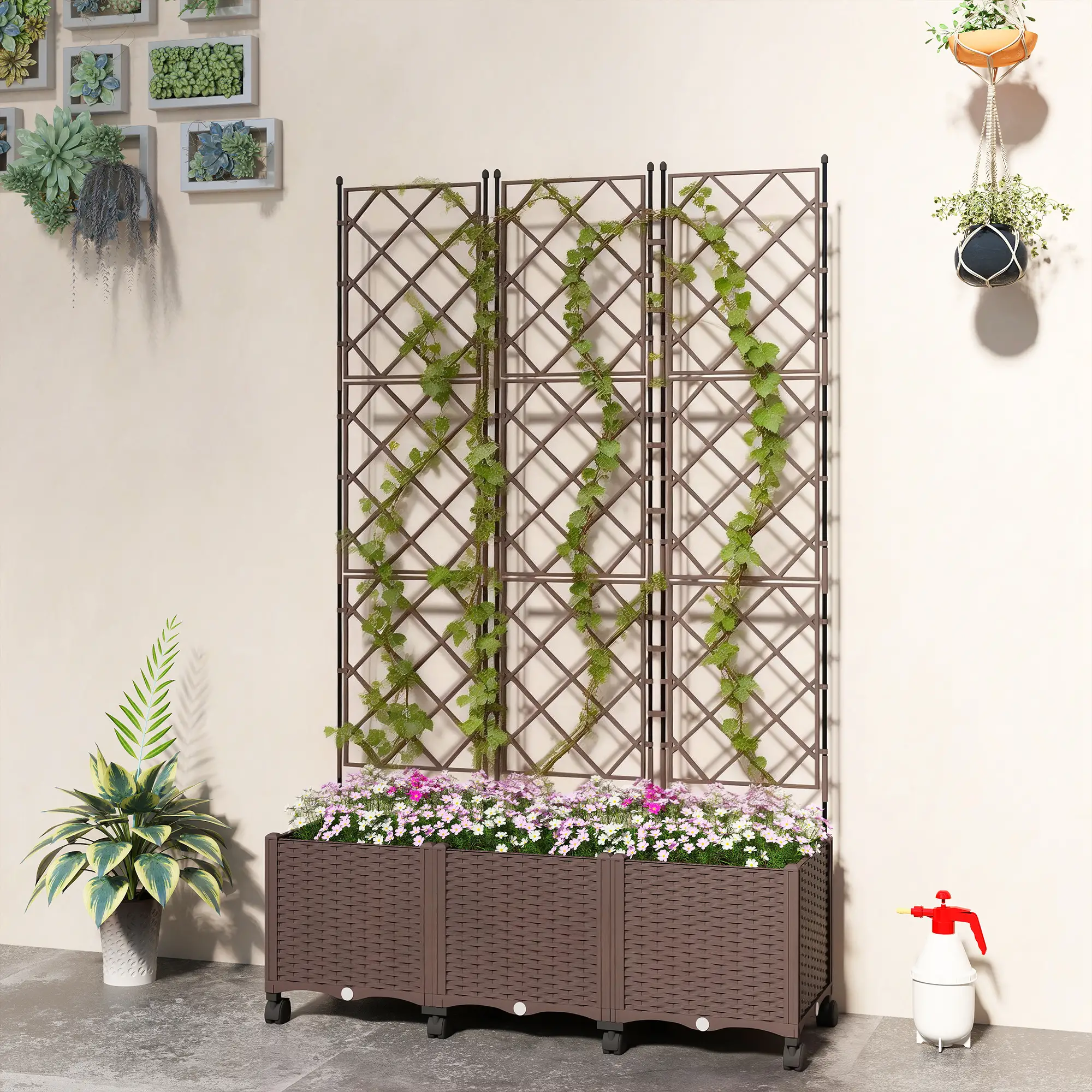 Plastic Raised Garden Bed With Trellis, Self Watering Planter Box With Wheels - Image 8