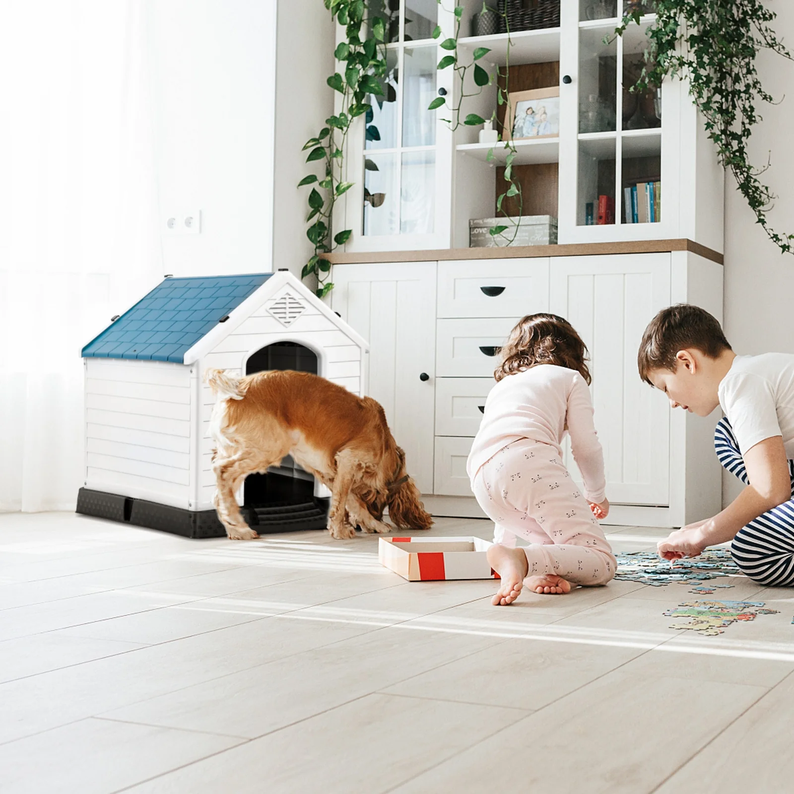 Plastic Waterproof Ventilated Pet Puppy House, Blue - Image 8