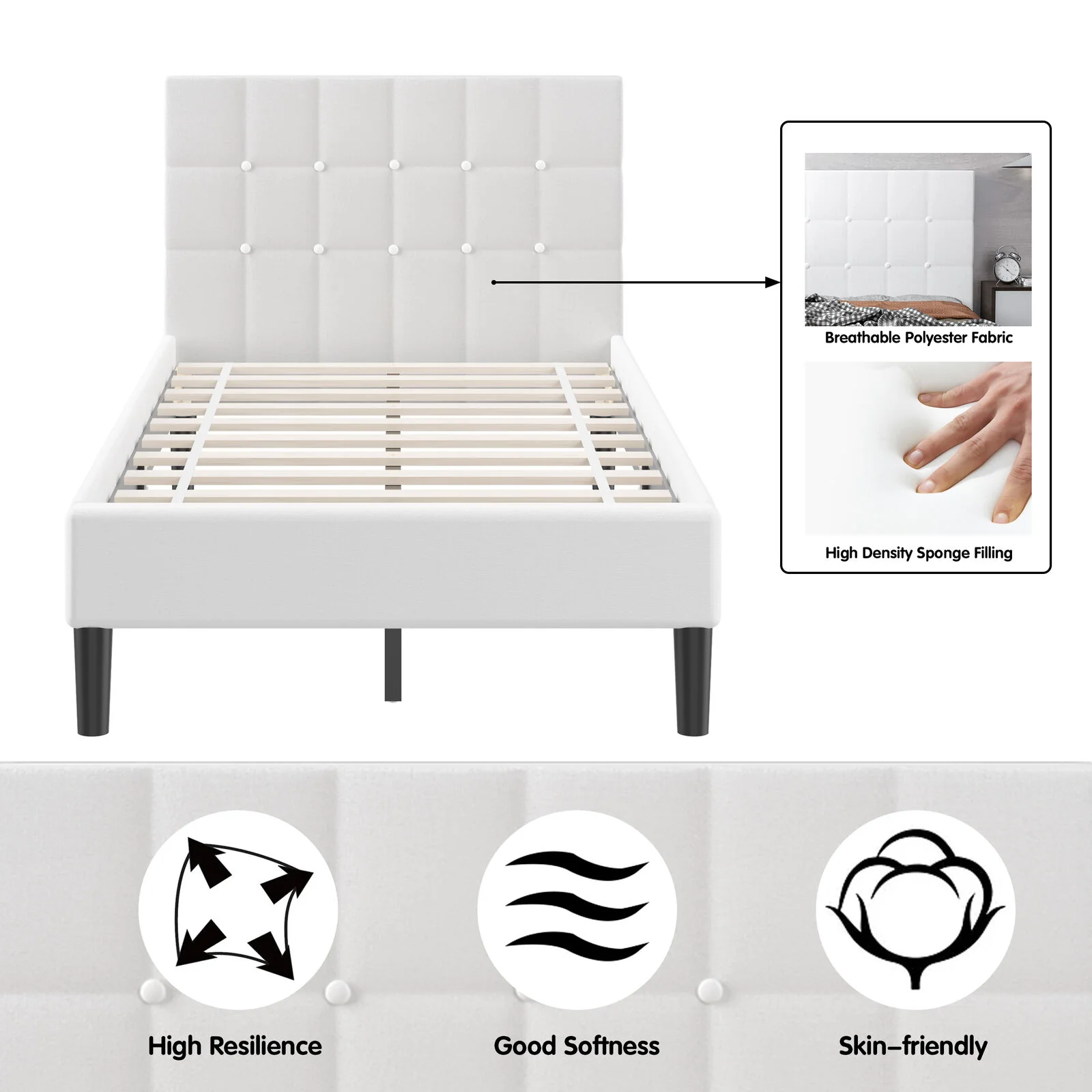 Platform Bed, Button Tufted Headboard, Beige - Image 7