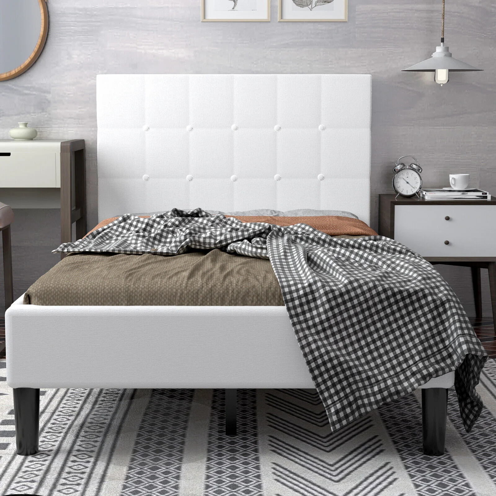 Platform Bed, Button Tufted Headboard, Beige - Image 9
