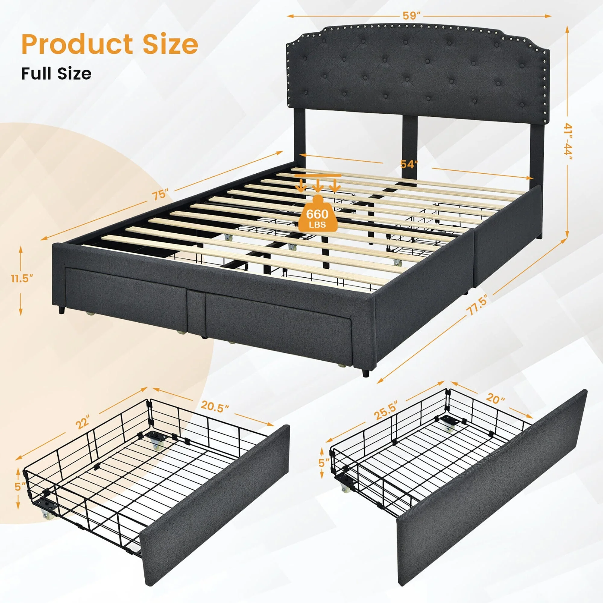 Platform Bed Frame With Adjustable Headboard, 4 Storage Drawers, Gray - Image 5