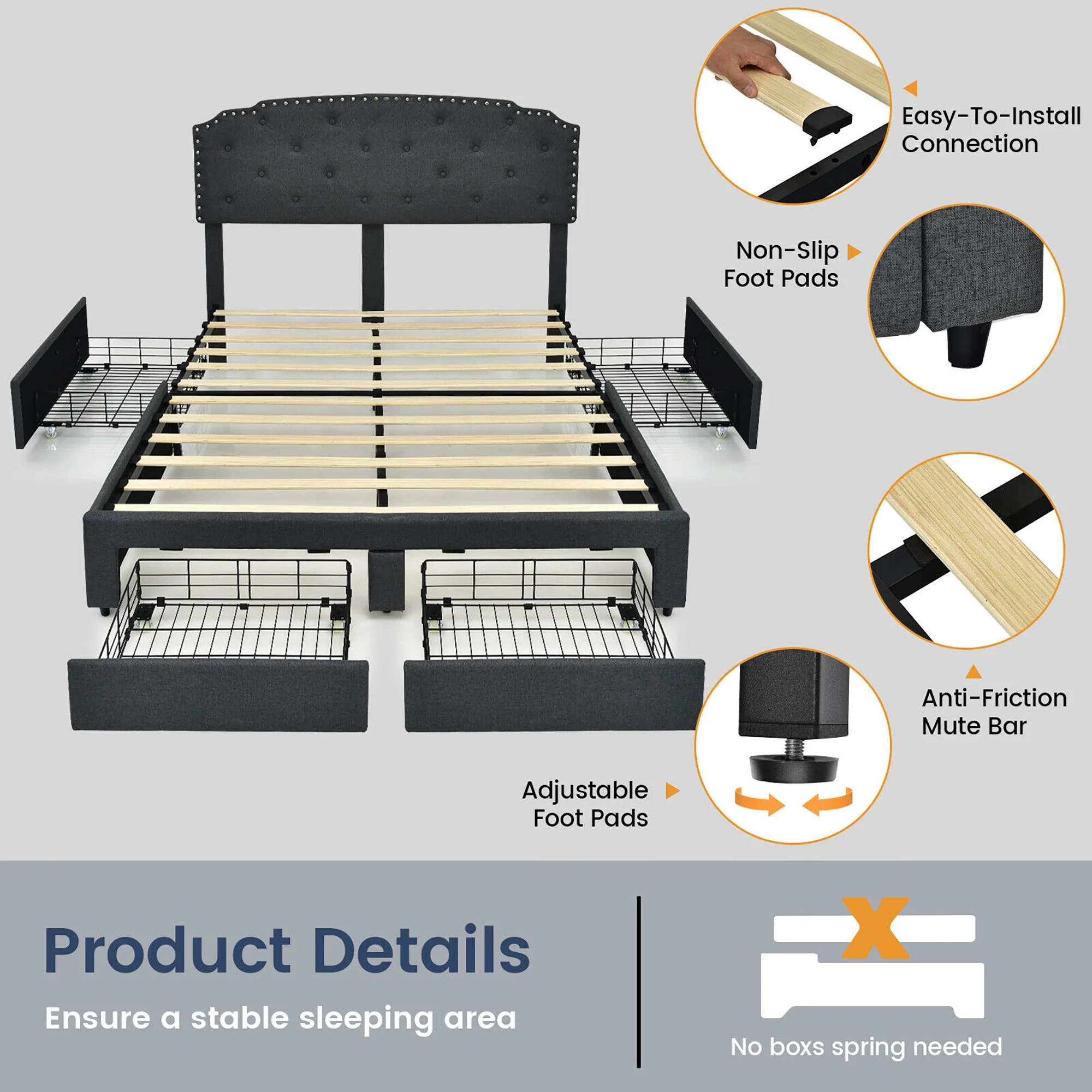 Platform Bed Frame With Adjustable Headboard, 4 Storage Drawers, Gray - Image 6