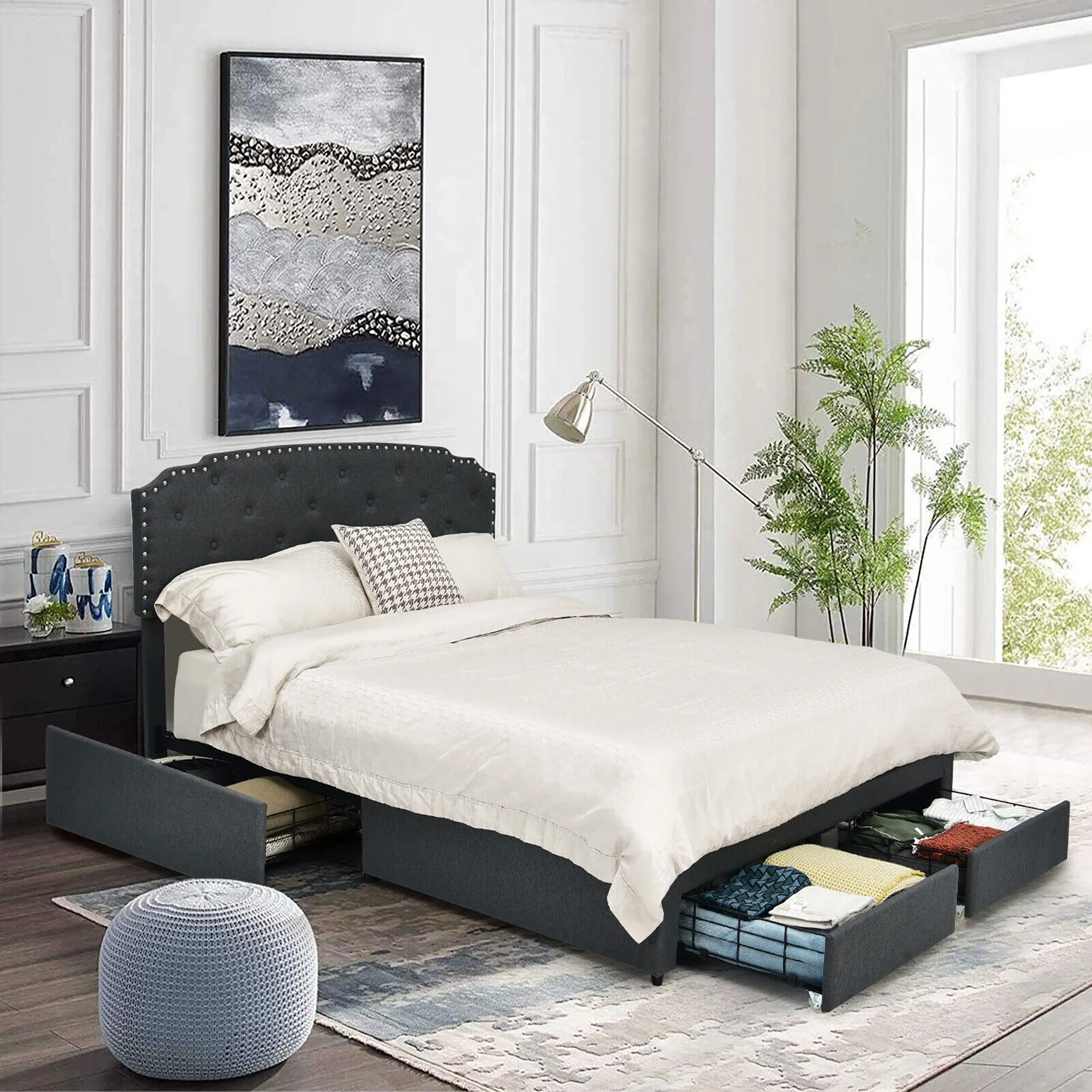 Platform Bed Frame With Adjustable Headboard, 4 Storage Drawers, Gray - Image 7
