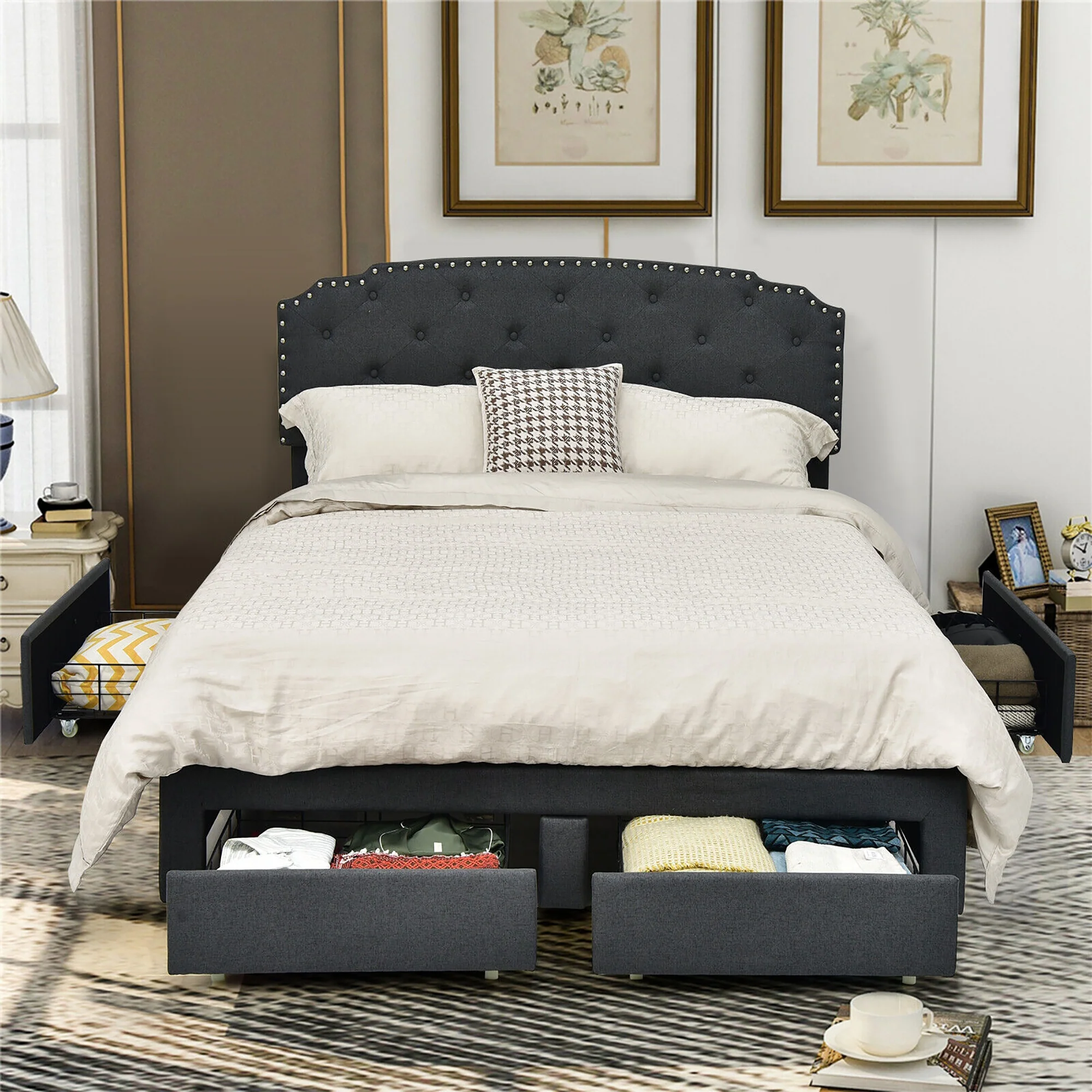 Platform Bed Frame With Adjustable Headboard, 4 Storage Drawers, Gray - Image 8