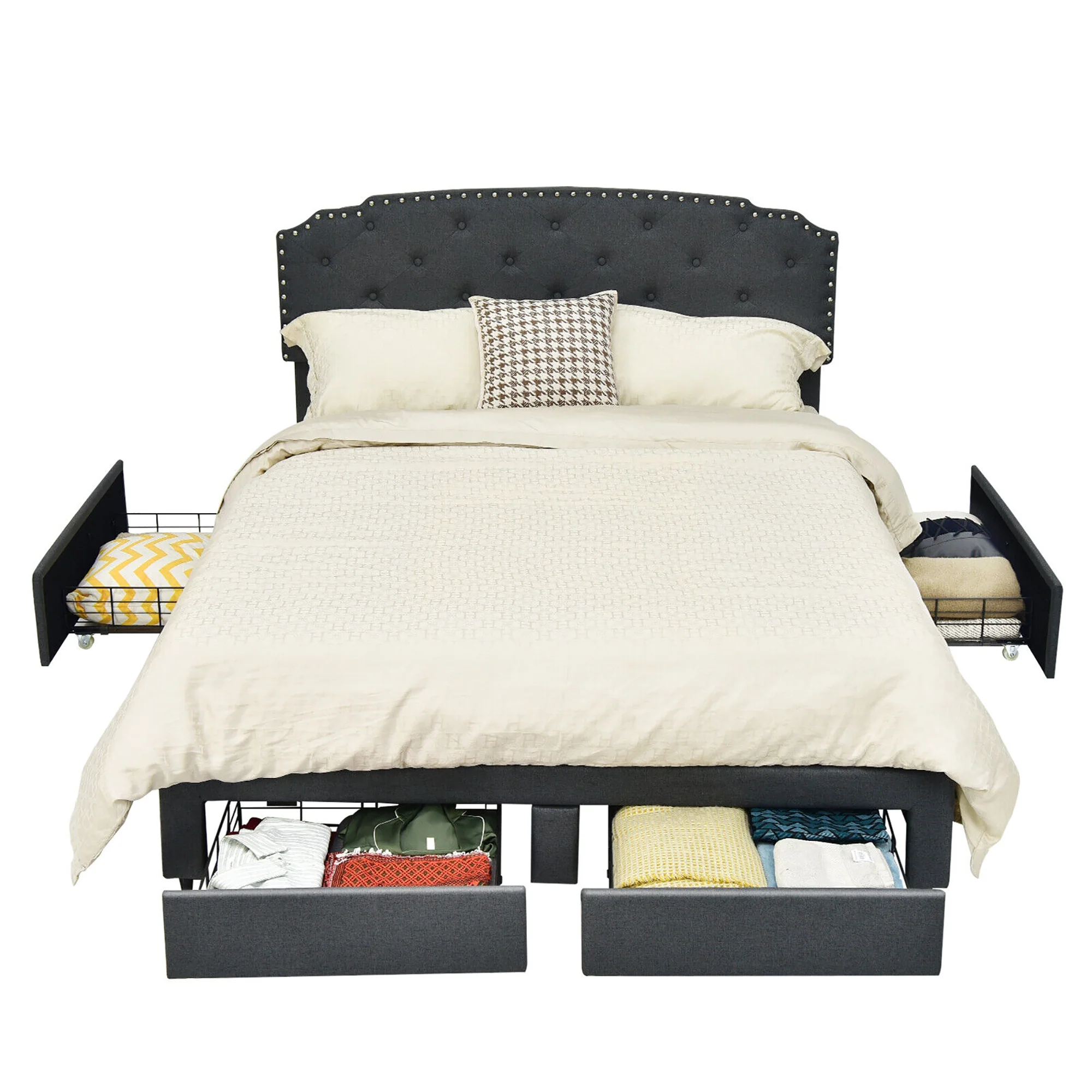 Platform Bed Frame With Adjustable Headboard, 4 Storage Drawers, Gray - Image 9
