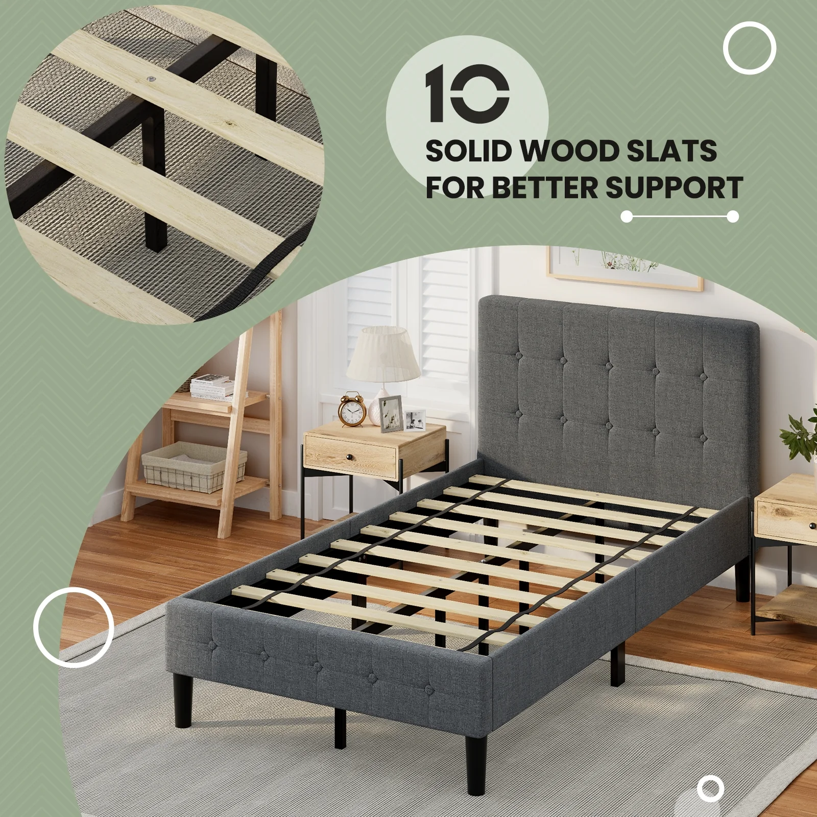 Platform Bed With Button Tufted Headboard, Gray - Image 10