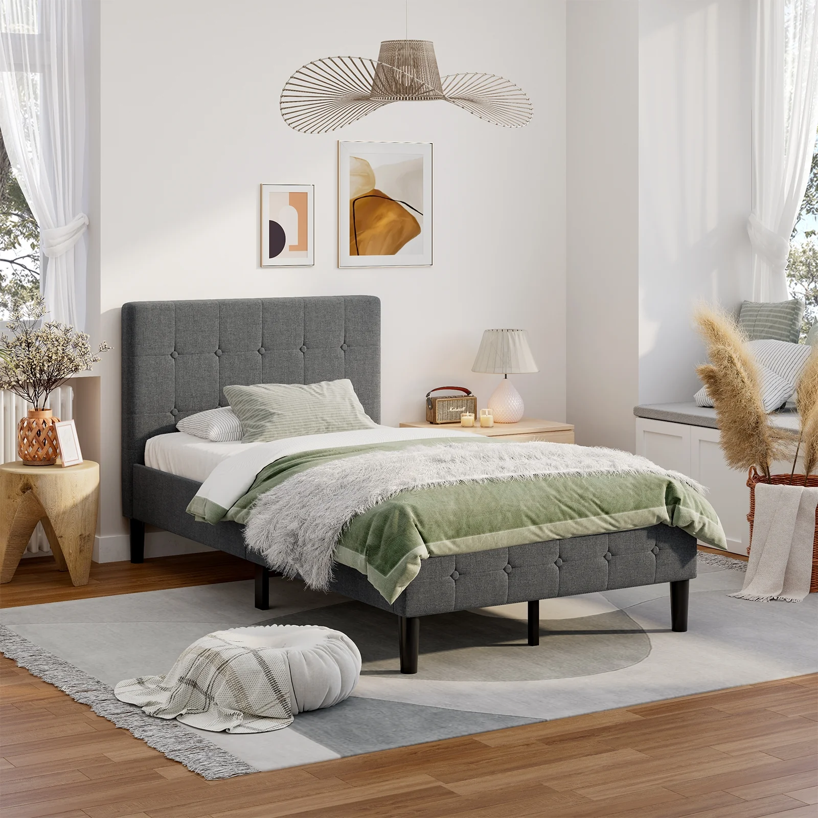 Platform Bed With Button Tufted Headboard, Gray - Image 2