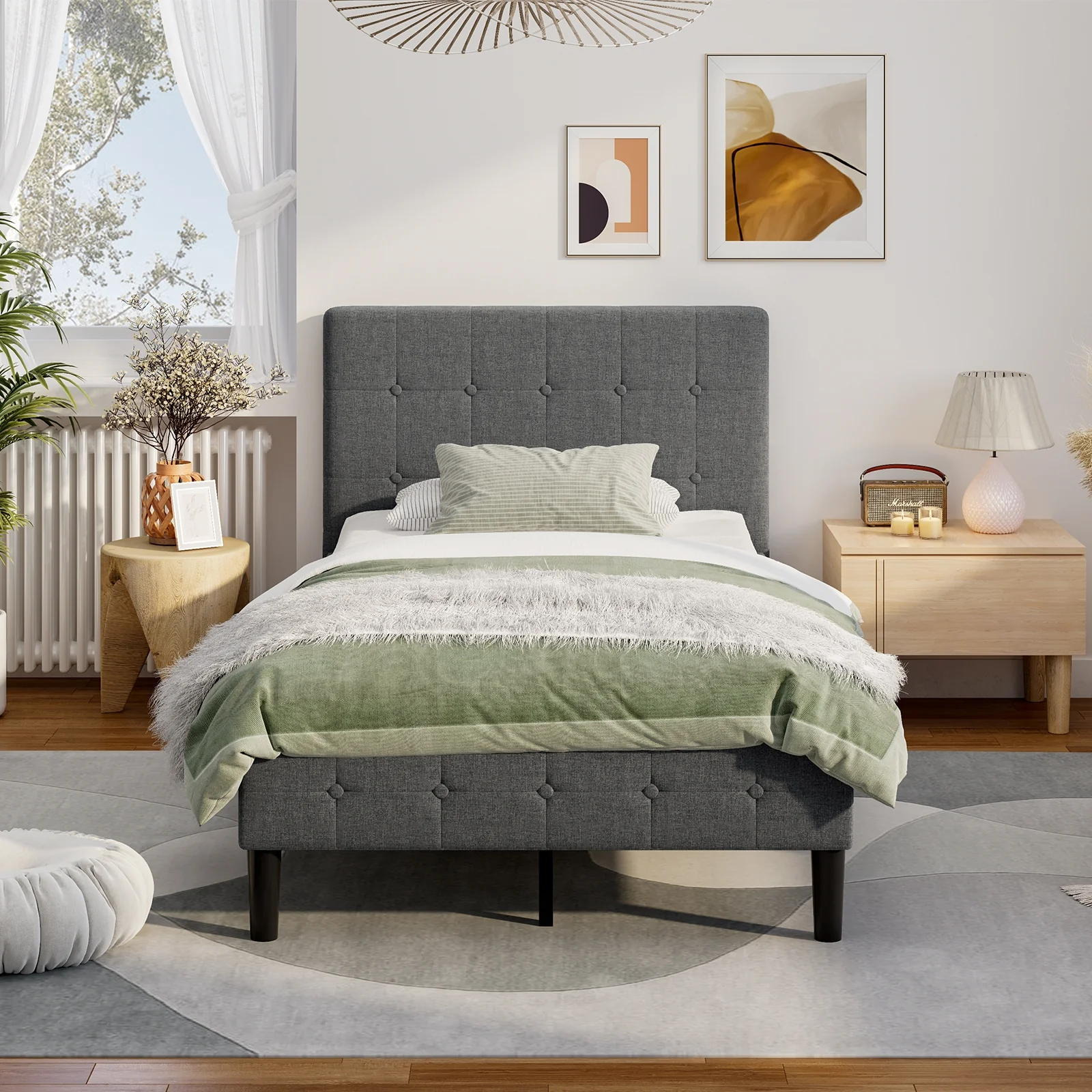 Platform Bed With Button Tufted Headboard, Gray - Image 3