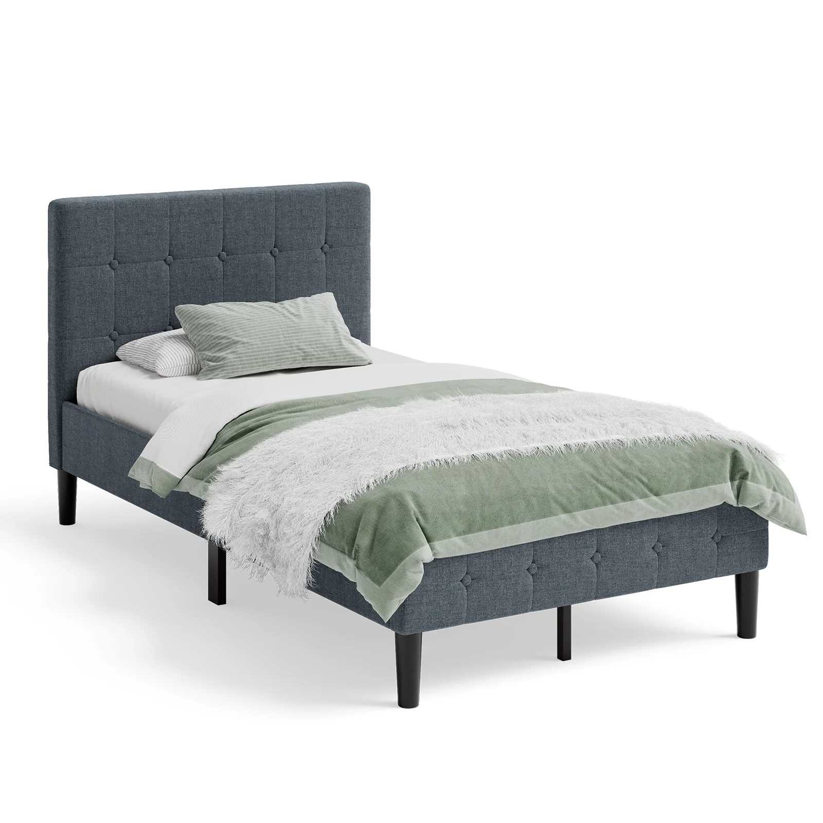 Platform Bed With Button Tufted Headboard, Gray - Image 5
