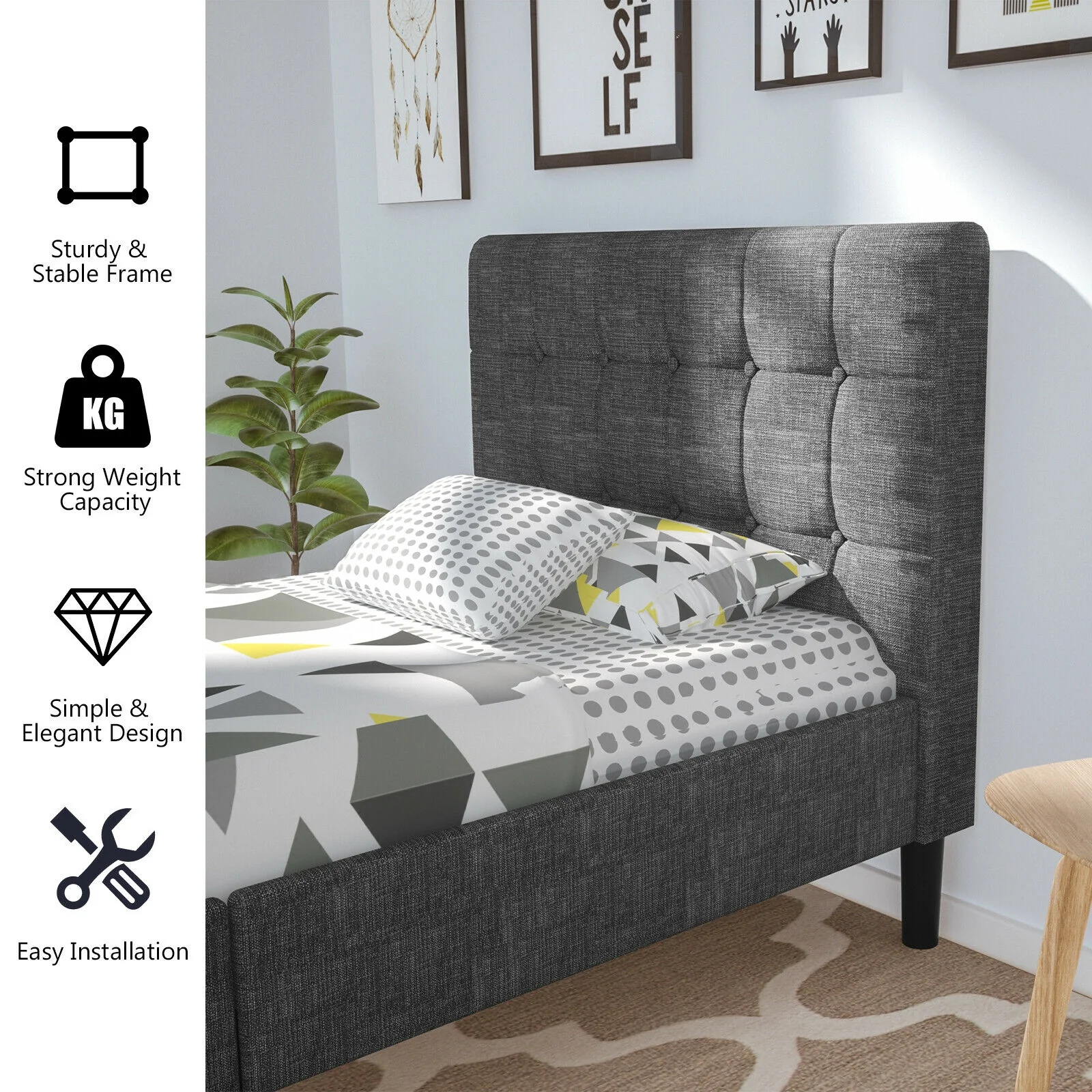Platform Bed With Button Tufted Headboard, Gray - Image 7