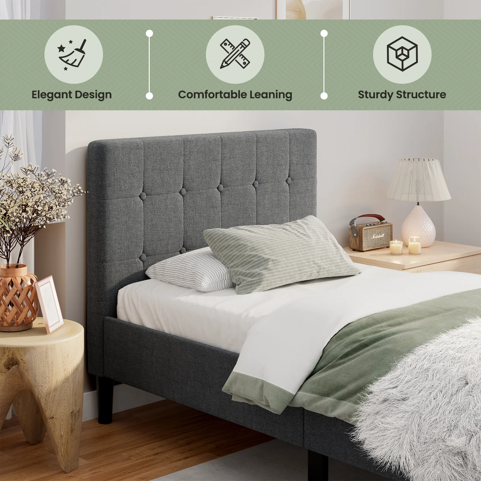 Platform Bed With Button Tufted Headboard, Gray - Image 9