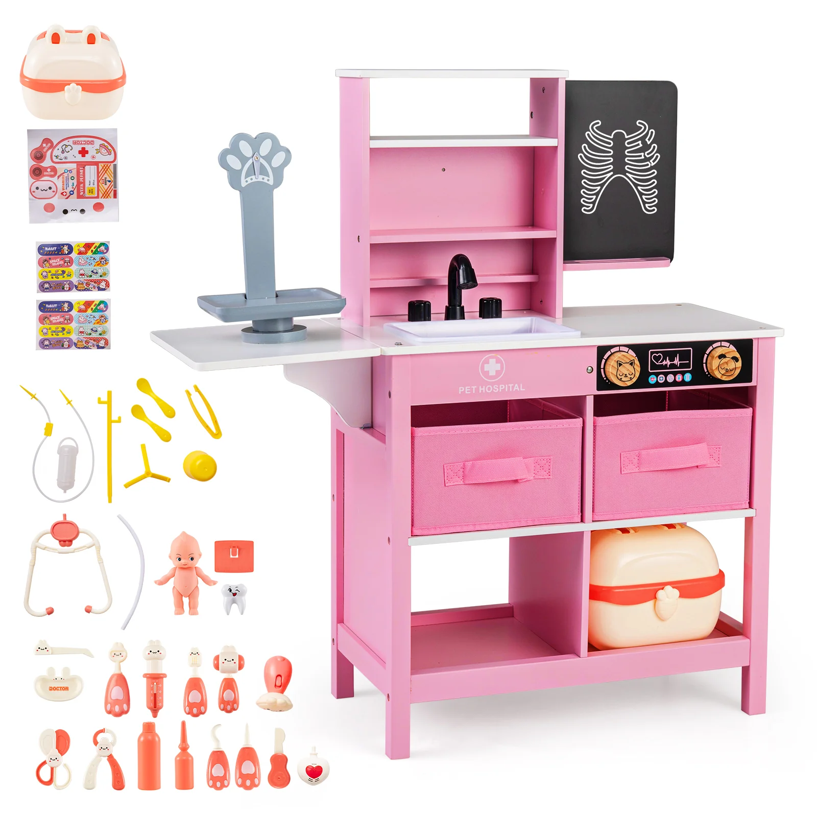 Play Doctor's Office Wood Medical Center Toy Set with Blackboard, Pink