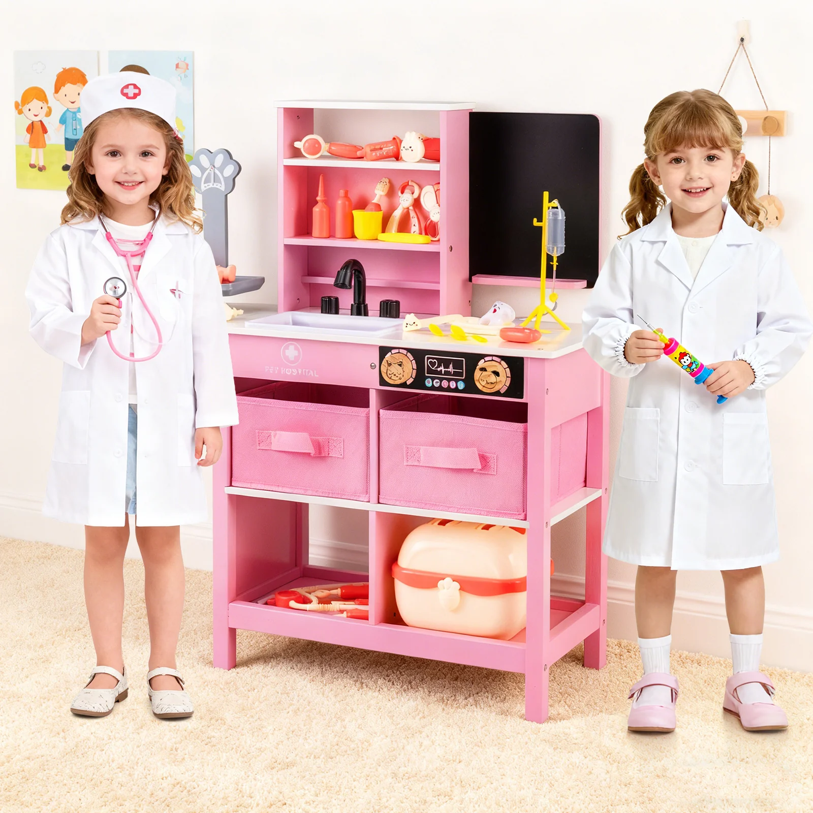 Play Doctor's Office Wood Medical Center Toy Set with Blackboard, Pink - Image 2