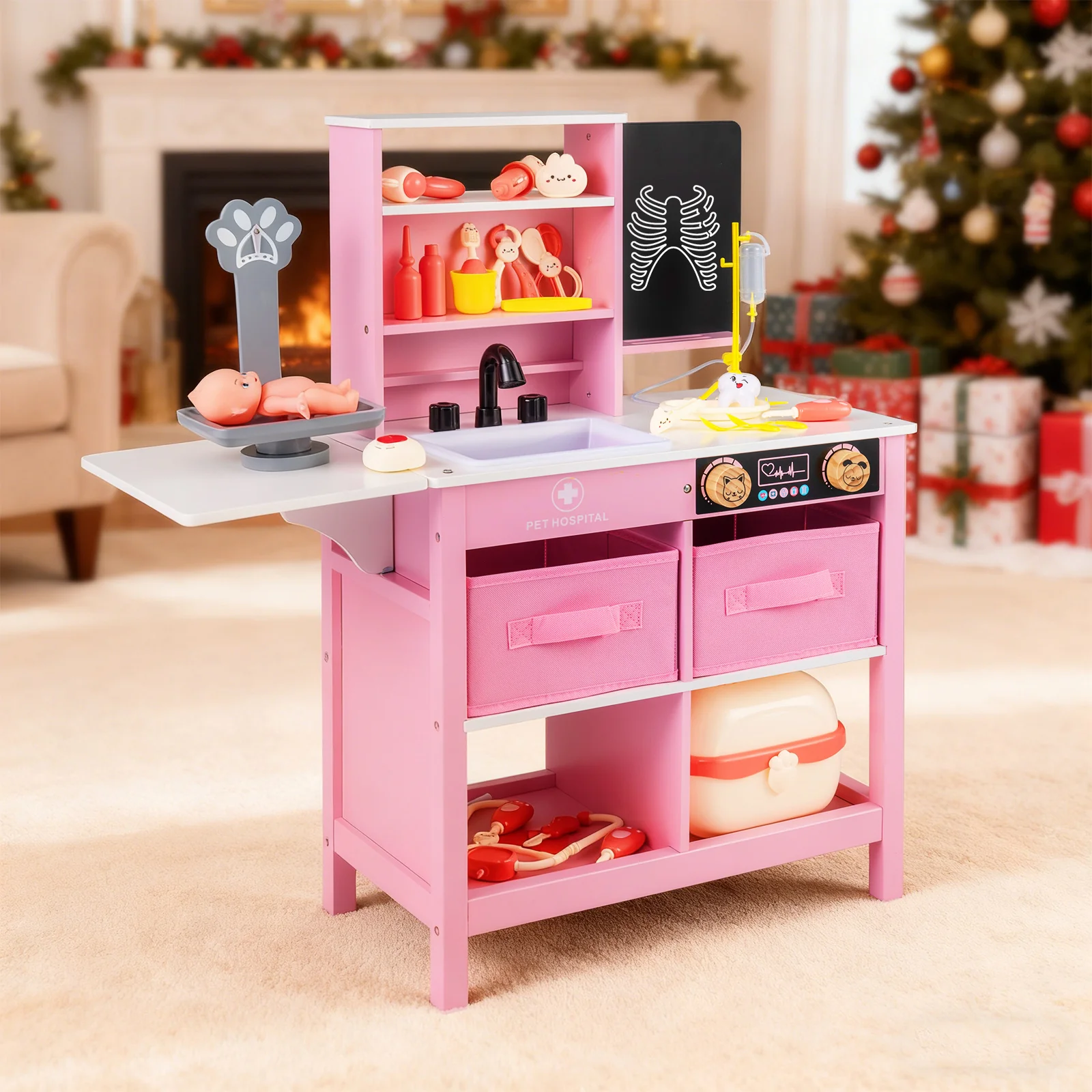Play Doctor's Office Wood Medical Center Toy Set with Blackboard, Pink - Image 3