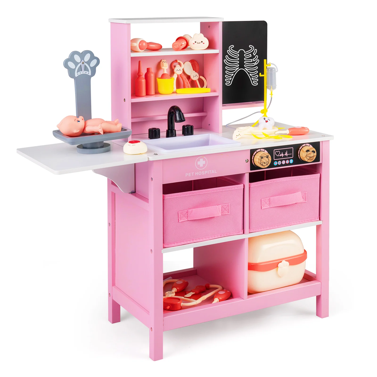 Play Doctor's Office Wood Medical Center Toy Set with Blackboard, Pink - Image 5