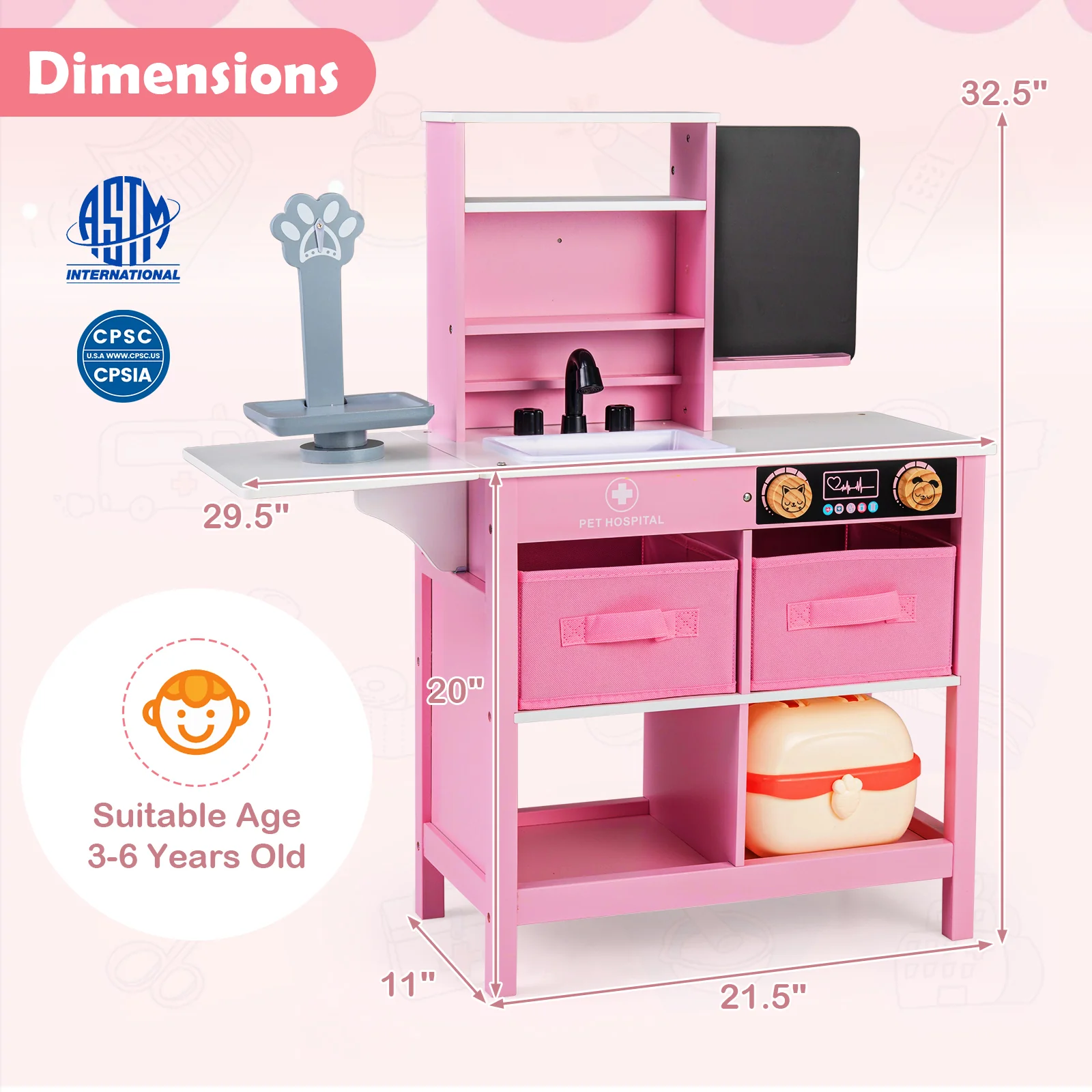 Play Doctor's Office Wood Medical Center Toy Set with Blackboard, Pink - Image 6