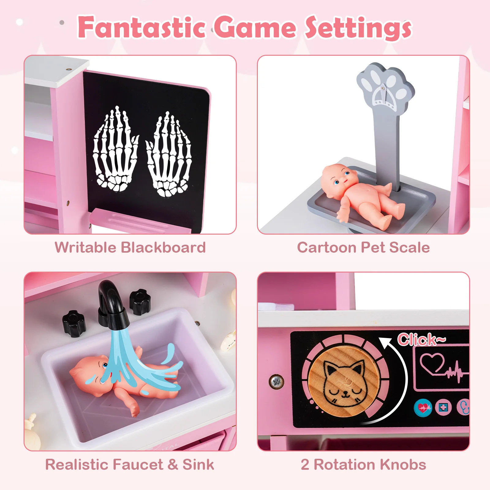 Play Doctor's Office Wood Medical Center Toy Set with Blackboard, Pink - Image 7