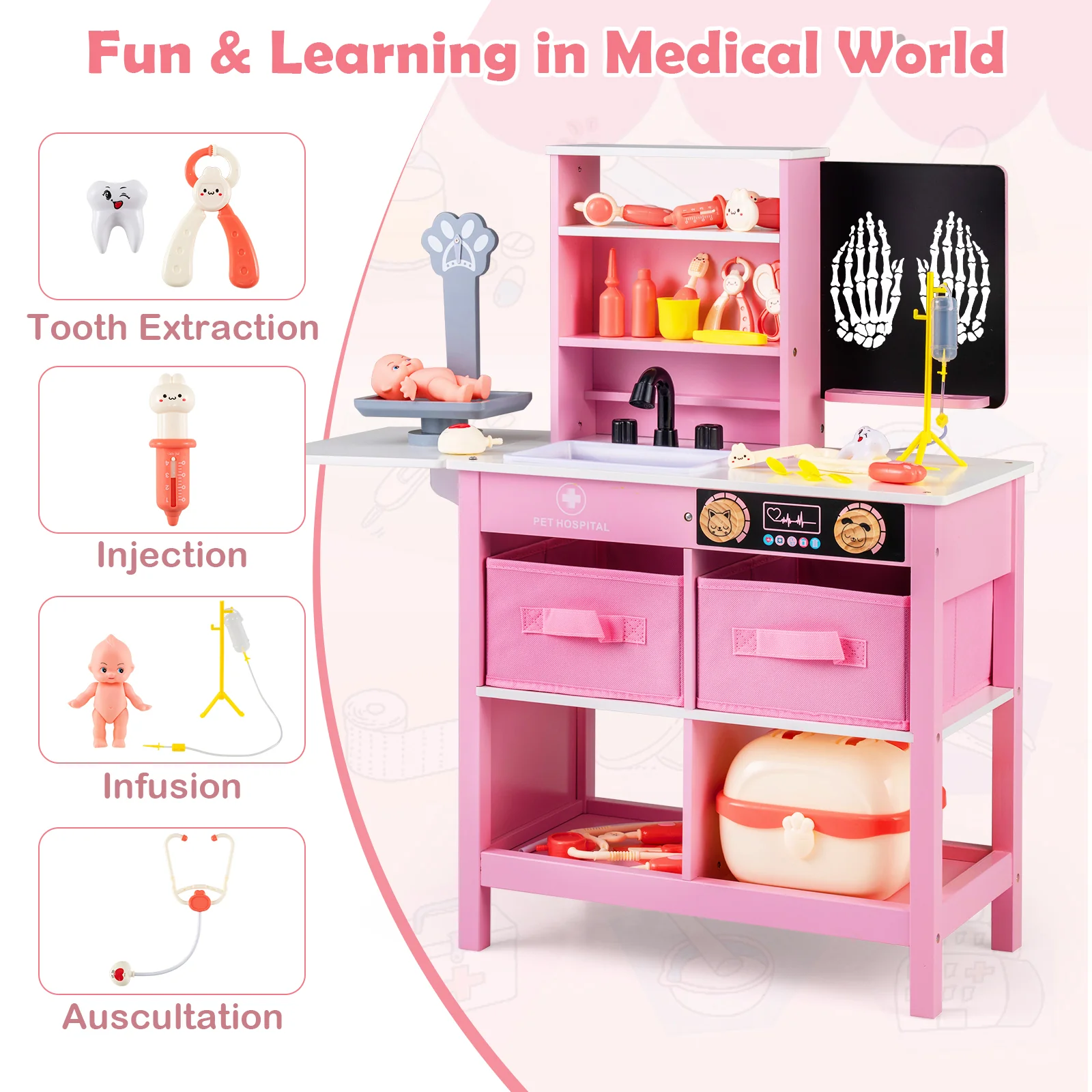Play Doctor's Office Wood Medical Center Toy Set with Blackboard, Pink - Image 8