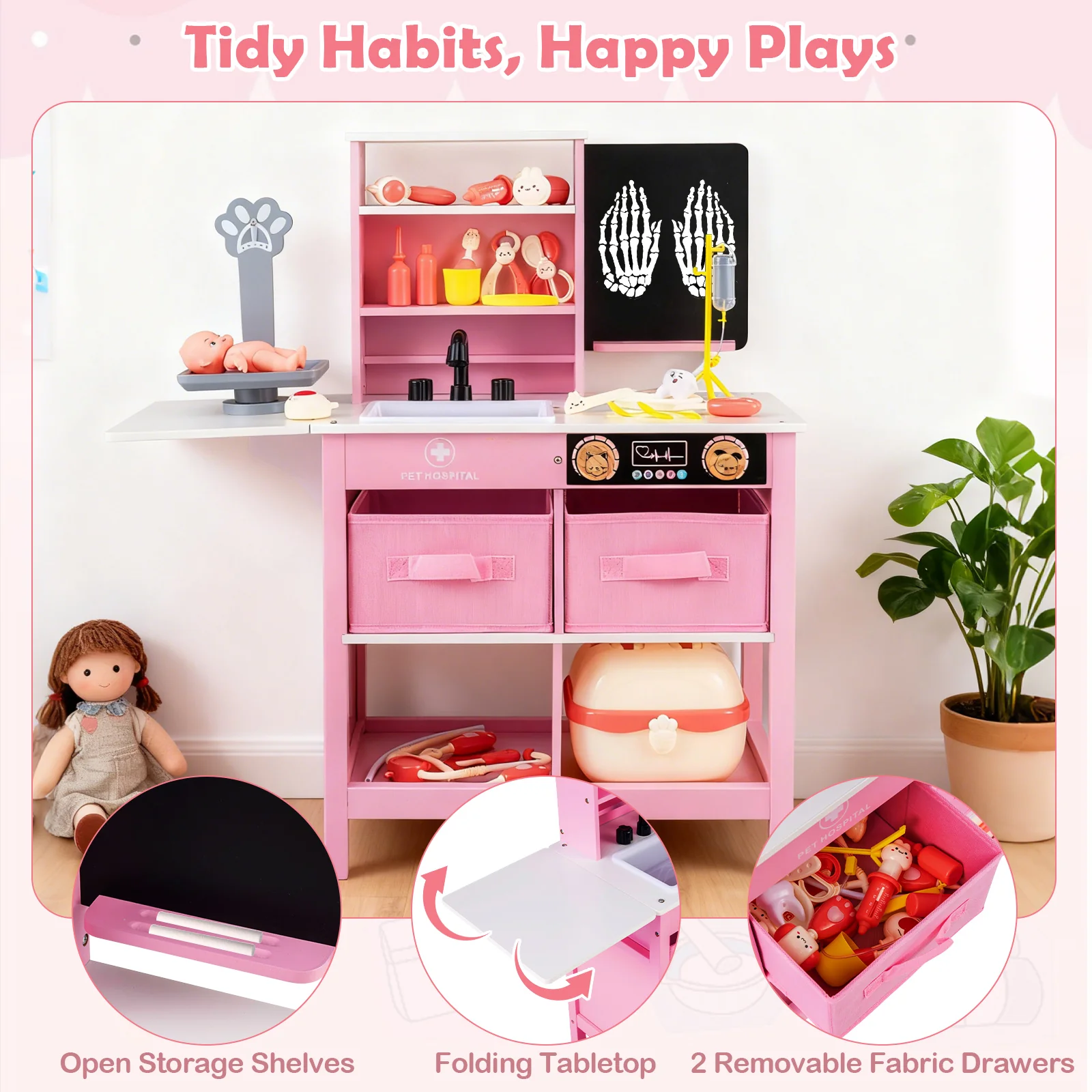 Play Doctor's Office Wood Medical Center Toy Set with Blackboard, Pink - Image 9