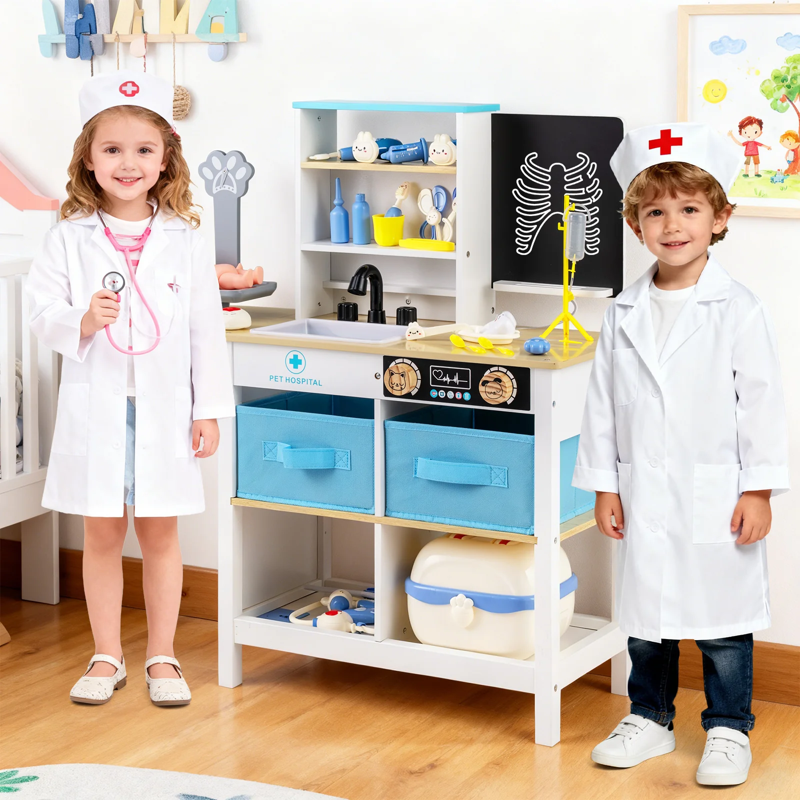 Play Doctor's Office Wood Medical Center Toy Set with Blackboard, White - Image 2