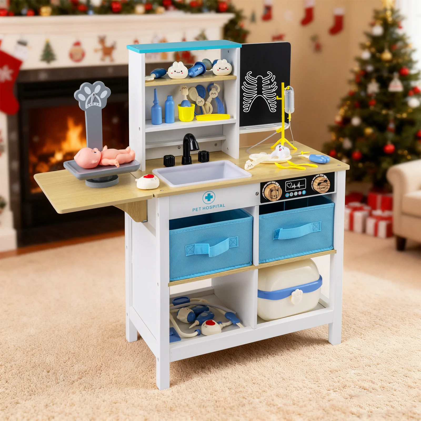 Play Doctor's Office Wood Medical Center Toy Set with Blackboard, White - Image 3
