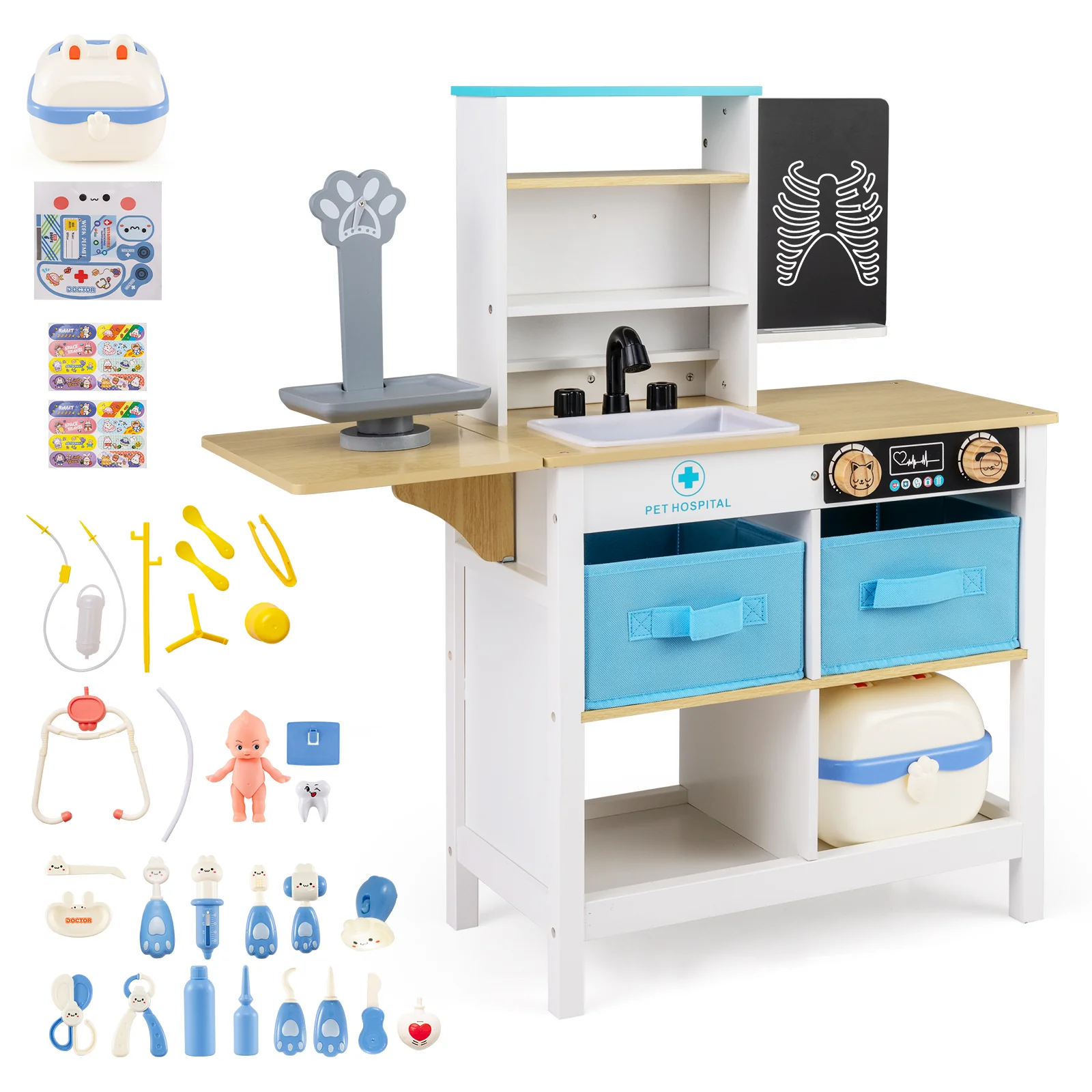 Play Doctor's Office Wood Medical Center Toy Set with Blackboard, White - Image 4