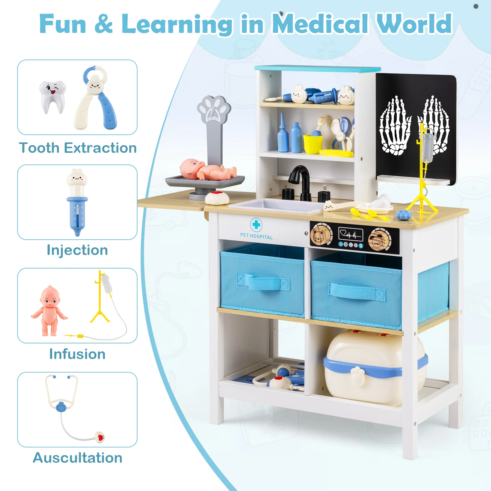 Play Doctor's Office Wood Medical Center Toy Set with Blackboard, White - Image 8