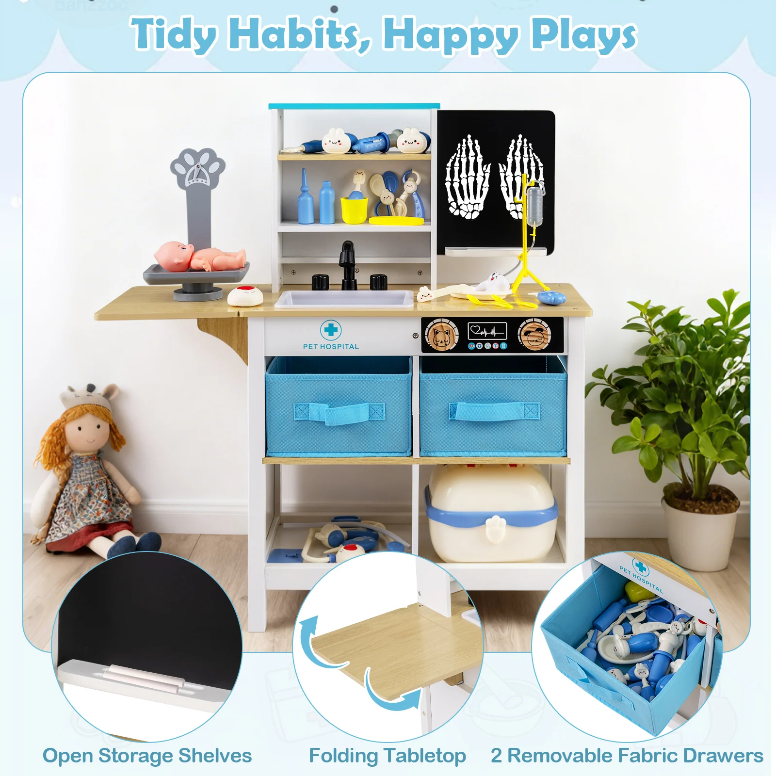 Play Doctor's Office Wood Medical Center Toy Set with Blackboard, White - Image 9