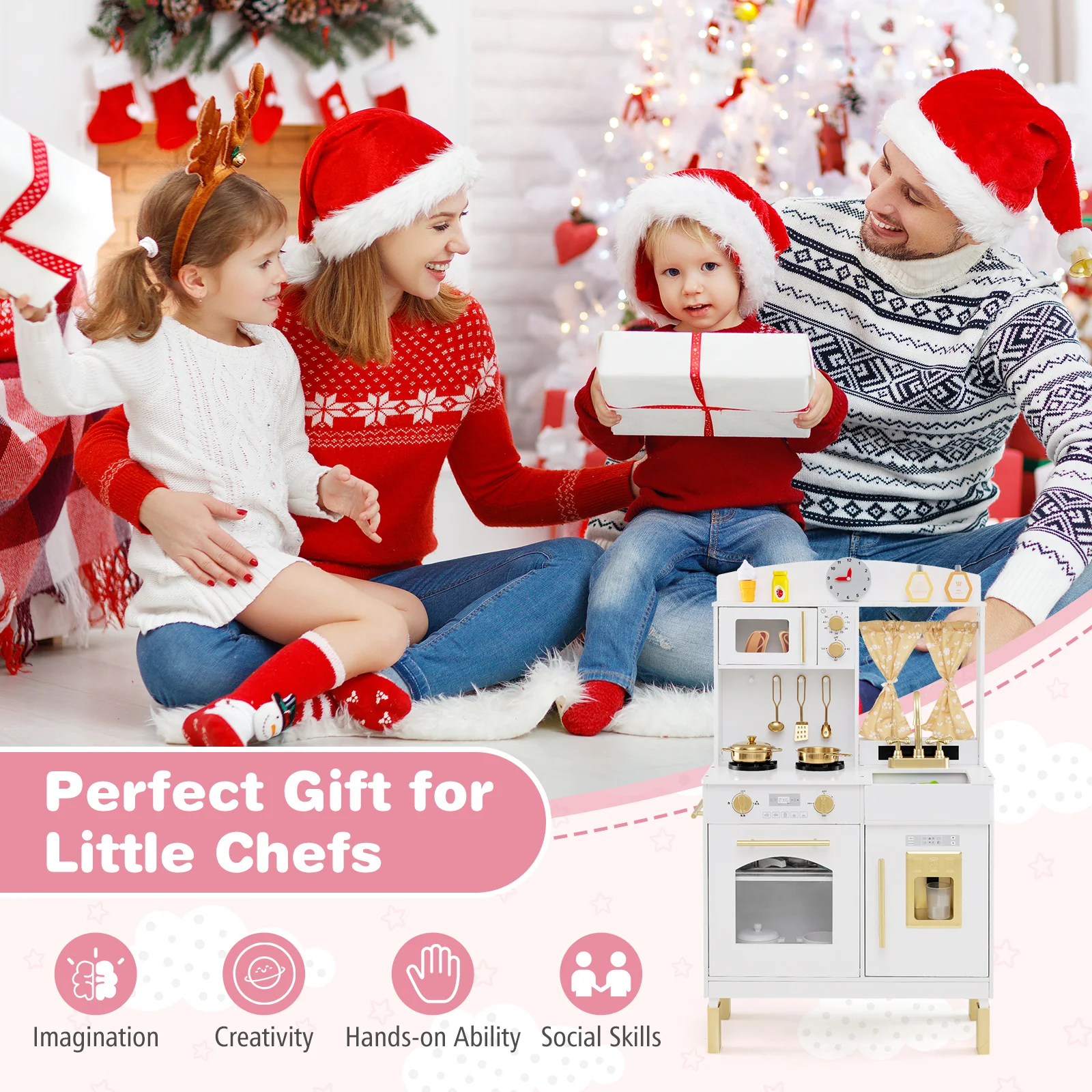 Play Kitchen for Kids Wooden Chef Pretend Playset with 3 Adjustable Heights Microwave, Gold - Image 10