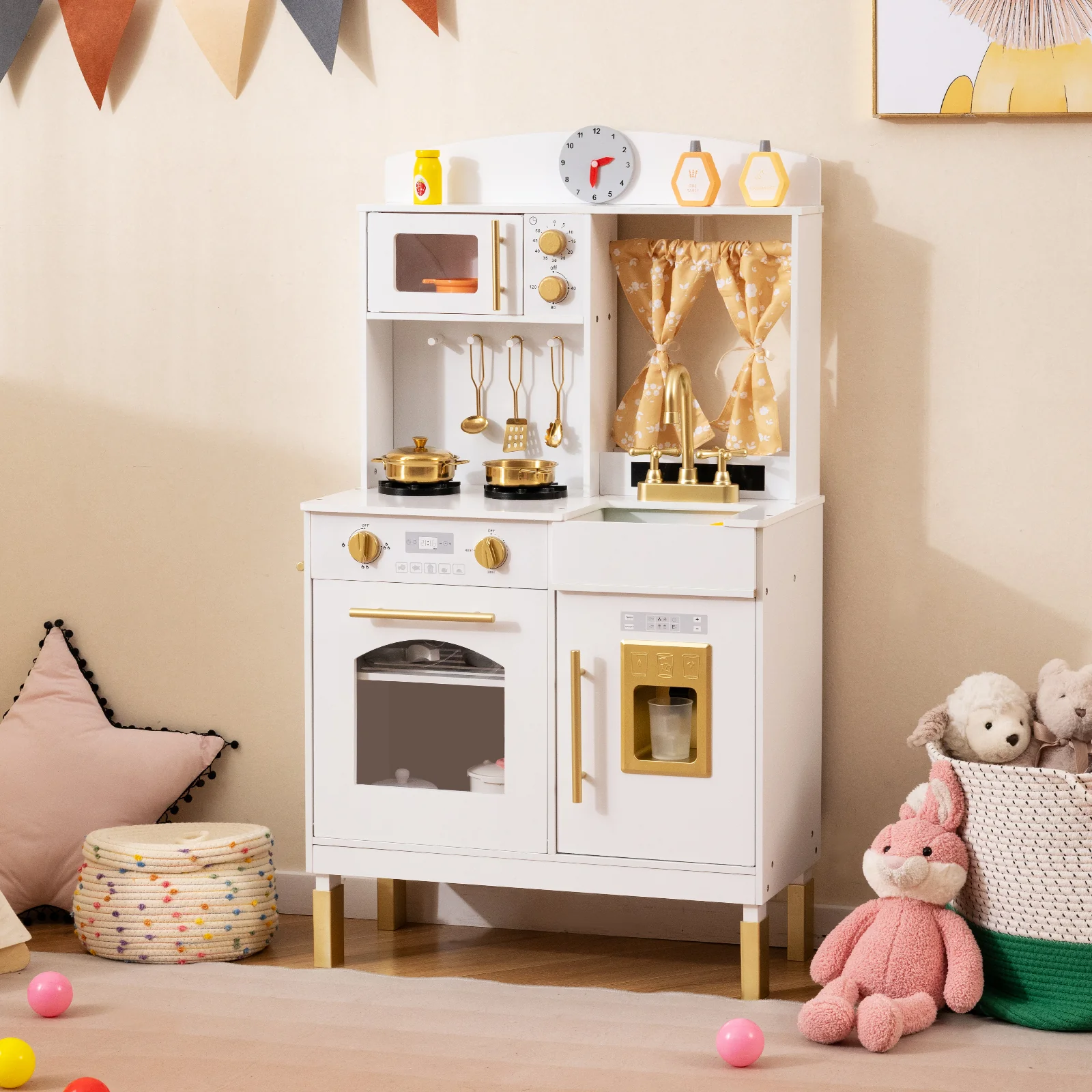 Play Kitchen for Kids Wooden Chef Pretend Playset with 3 Adjustable Heights Microwave, Gold - Image 2
