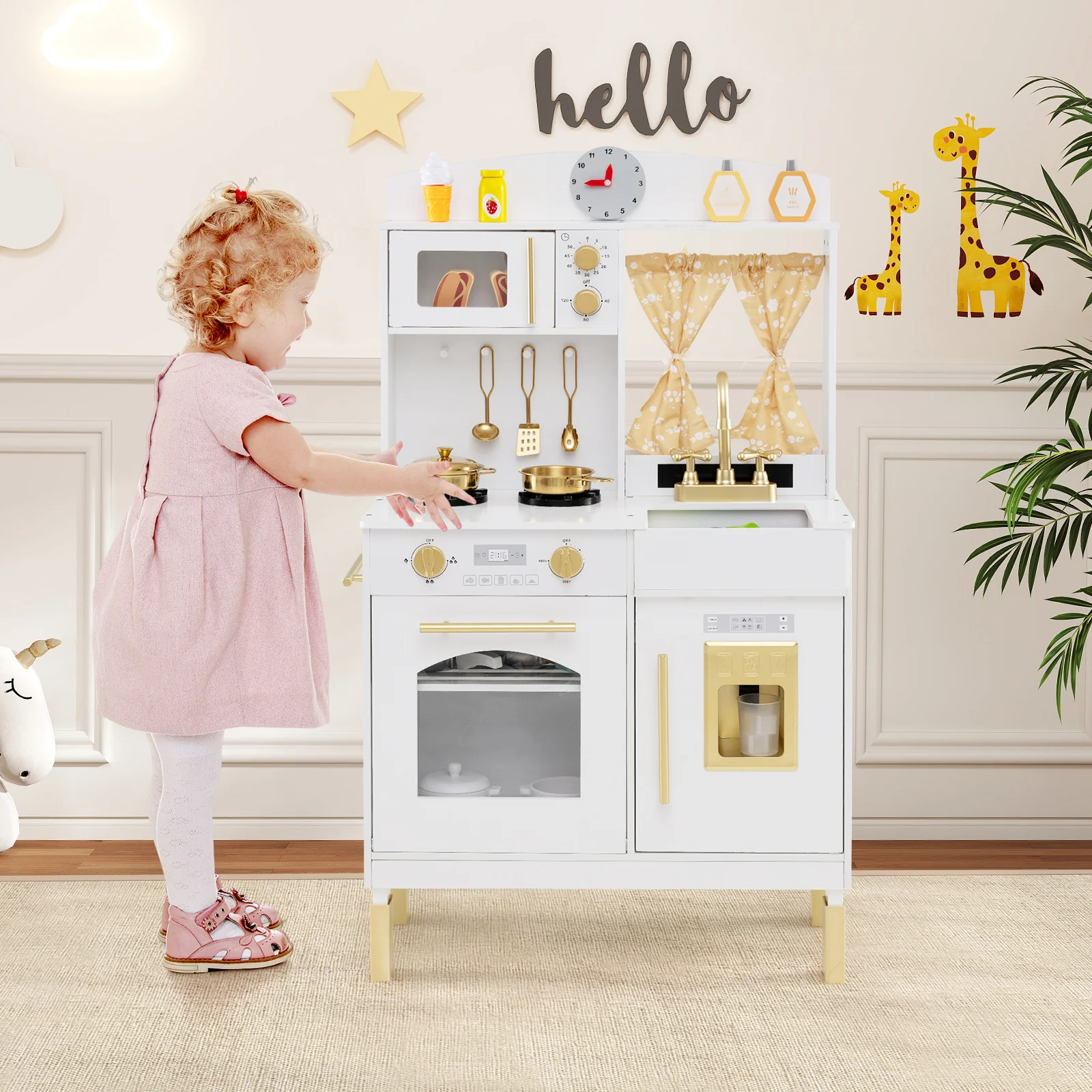 Play Kitchen for Kids Wooden Chef Pretend Playset with 3 Adjustable Heights Microwave, Gold - Image 3