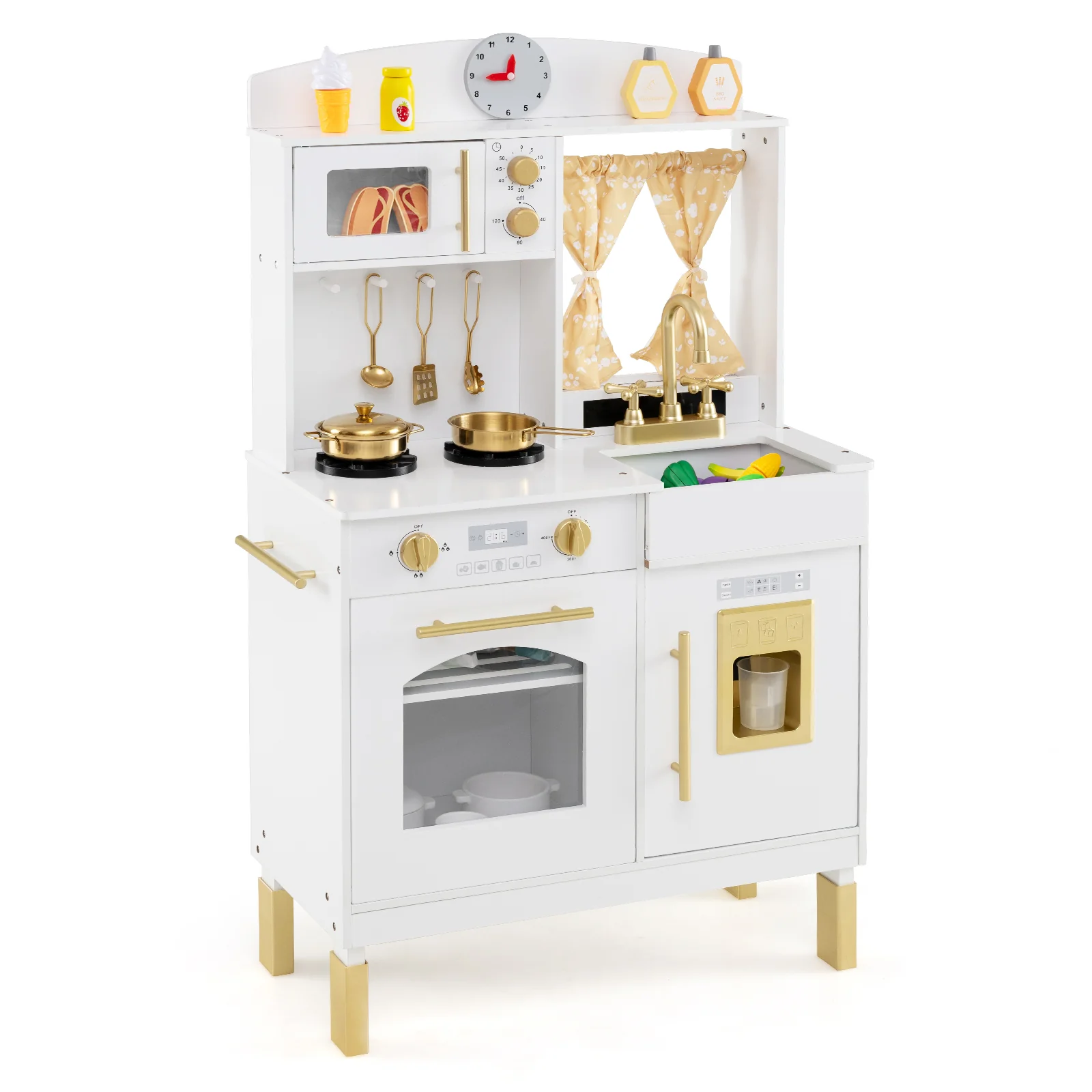 Play Kitchen for Kids Wooden Chef Pretend Playset with 3 Adjustable Heights Microwave, Gold - Image 4