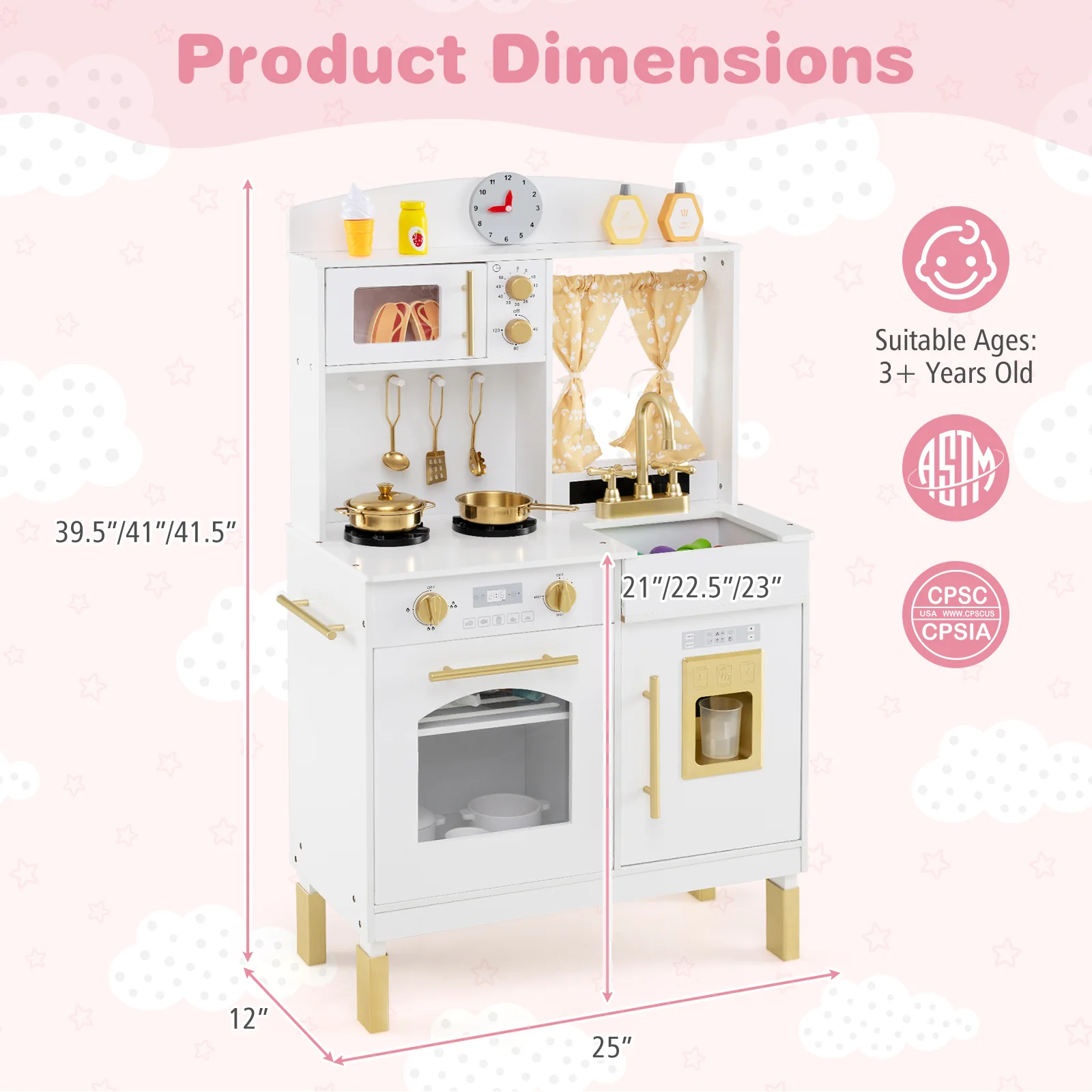 Play Kitchen for Kids Wooden Chef Pretend Playset with 3 Adjustable Heights Microwave, Gold - Image 5